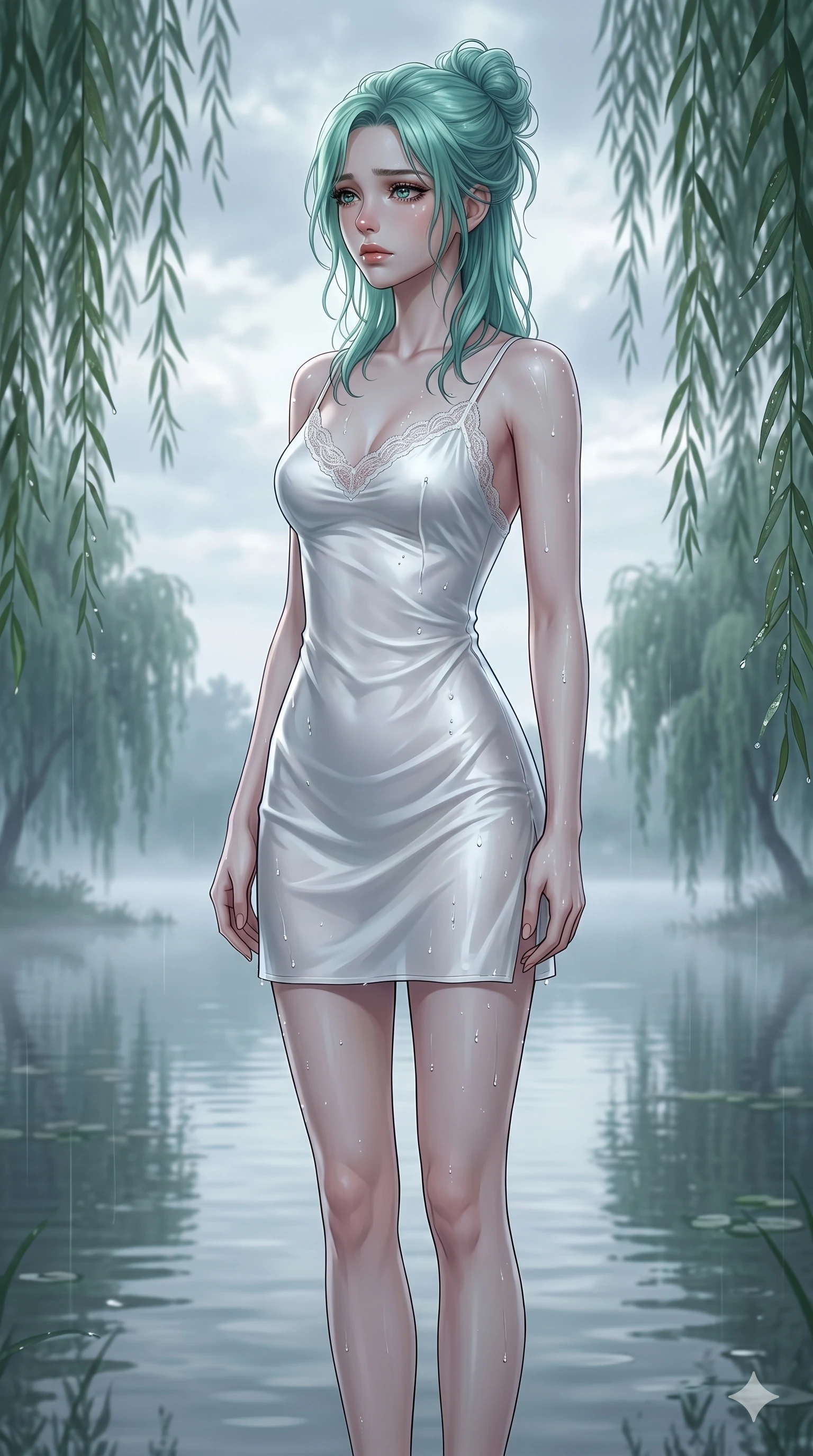 score_9, masterpiece, best quality, ultra-detailed, high-budget anime keyframe, editorial fashion photography, tasteful artistic composition, Japanese woman. cowboy shot from the thighs up, character and outfit filling the frame for maximum editorial presence. gazing past the camera with tear-rimmed jewel-like eyes, her expression filled with quiet, profound sorrow by a misty lakeside at dawn, surrounded by weeping willow trees (Scenario Code S-25). She has an absolutely perfect 8-heads proportion, an exceptionally tall and slender female figure with impossibly long slender legs and an ultra-slim waist. V-shaped jawline, high-bridge nose, intricate jewel-like eyes with depth, thick eyelashes, glossy lips with a natural sheen. wearing a wet-look white silk slip dress that clings to her form, showing her elegant shoulder lines. bathed in soft, cold ambient daylight filtering through the clouds, highlighting her pale skin. 2k, ultra detail, master piece, 9:16 ratio