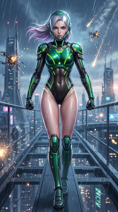 score_9, masterpiece, best quality, ultra-detailed, high-budget anime keyframe, semi-realistic 3D game render, editorial fashion photography, tasteful artistic composition, Caucasian woman. low angle full-body shot from head to toe showing her feet, 