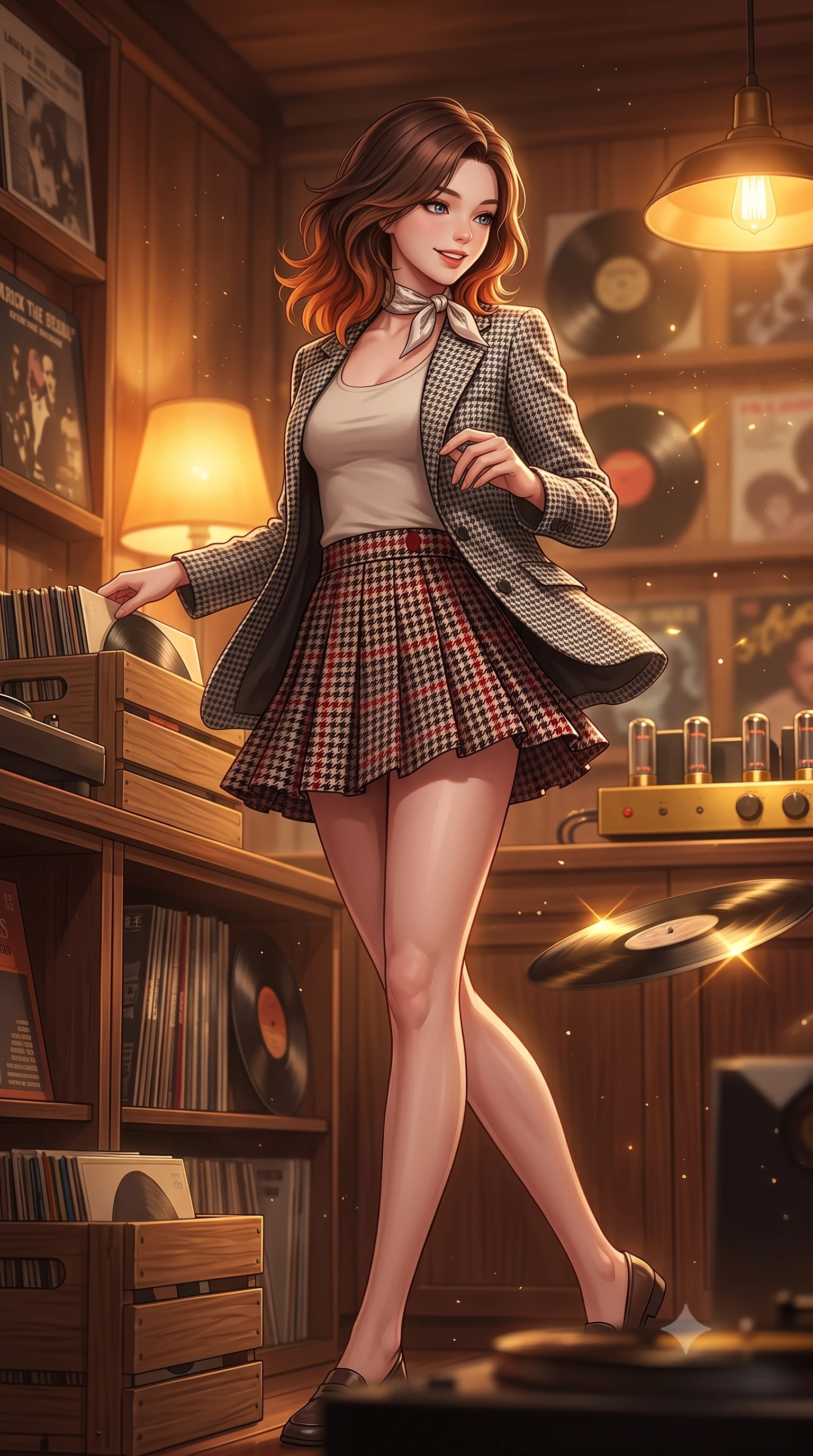 score_9, masterpiece, best quality, ultra-detailed, high-budget anime keyframe, semi-realistic 3D game render, editorial fashion photography, tasteful artistic composition, Korean woman. low angle full-body shot from head to toe showing her feet, filling the entire 9:16 vertical frame with her statuesque presence, stretching her vertical silhouette. executing an elegant mid-motion spin with effortless grace, her garments fluttering softly around her ultra-slim waistline while browsing through crates of vintage vinyl records in a cozy, wood-paneled record shop with a fascinated, sweet smile. The composition keeps background elements in soft focus with creamy bokeh. drifting warm light dust motes and spinning turntable reflections scattering golden glints. She has an absolutely perfect, statuesque 8.5-heads proportion, an exceptionally tall and slender model-like female figure with impossibly long slender legs, a toned flat midriff, and an ultra-slim waist. sharp v-shaped jawline, high-bridge nose, intricate jewel-like eyes with depth, thick eyelashes, glossy lips with a natural sheen, captivating and magnetic expression, flawlessly proportioned anatomical accuracy, strict slender model proportions, natural body alignment, perfectly sculpted long slender limbs, ultra-slim waistline, clean dynamic posture without body distortion. wearing a tailored 90s houndstooth oversized blazer over a simple scoop-neck top and a high-waisted pleated wool mini-skirt in classic monochrome houndstooth and cherry red, made of crisp lightweight vintage crinkle nylon, complemented by a delicate silk scarf tied playfully around her neck, the precision-cut daring openings accentuating her delicate midriff, graceful bare collarbones, and ultra-slim feminine waistline. bathed in warm amber incandescent lamp glow and golden vacuum tube ambient warmth. highly saturated vibrant anime colors, detailed shading with soft gradients, rich glossy textures, high-contrast stereoscopic depth, volumetric dynamic lighting, master piece, 9:16 ratio