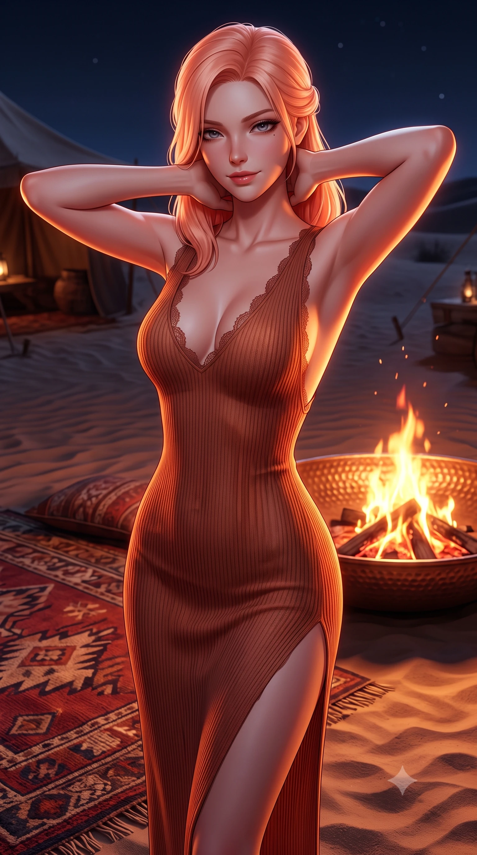 score_9, masterpiece, best quality, ultra-detailed, high-budget anime keyframe, semi-realistic 3D game render, editorial fashion photography, tasteful artistic composition, Japanese woman. close-up cowboy shot from the waist and thighs up, the character dominates the composition, filling the frame with her large presence. resting both hands lightly behind her neck with elbows raised, arching her spine to highlight her narrow waist, flat midriff, and breathtaking collarbones while twisting her slender torso in an alluring contrapposto stance, flickering orange flames and silver desert moonlight tracing her curves. The surrounding environment is rendered in vivid detail and crisp panoramic clarity: sharp handwoven kilim wool rug textures, hammered copper fire bowl rim, and fine sand grain ripples in deep focus. She has an exceptionally elegant, slender, and willowy female figure with an ultra-slim waist, flat toned midriff, narrow ribcage, and sculpted feminine hips creating an alluring, slim hourglass silhouette without bulk. sharp v-shaped jawline, high-bridge nose, sparkling eyes with hypnotic seductive depth, thick curled eyelashes, glossy parted lips with a natural dewy peach sheen, alluring bedroom-eyes with an enchanting coquettish smile, exuding magnetic siren charisma and sophisticated glamour, flawlessly proportioned anatomical accuracy, strict slender model proportions, natural body alignment, perfectly sculpted long slender limbs, ultra-slim waistline, clean dynamic posture without body distortion. wearing a plunging V-neck rib-knit sweater dress with an open-back scoop and daring side leg slit in sun-drenched Tuscan terracotta and burnished copper, made of semi-opaque stretch illusion mesh with soft shadowy contours, finished with scalloped eyelash lace trim framing her sweetheart neckline with intimate elegance, the high-slit wrap tailoring accentuating her ultra-slim waistline and the enchanting curve of her feminine hips with alluring seductive charm. bathed in the intense warm amber and crimson flicker of open campfire flames mixed with pure silver moonlight. highly saturated vibrant anime colors, detailed shading with soft gradients, rich glossy textures, high-contrast stereoscopic depth, volumetric dynamic lighting, master piece, 9:16 ratio