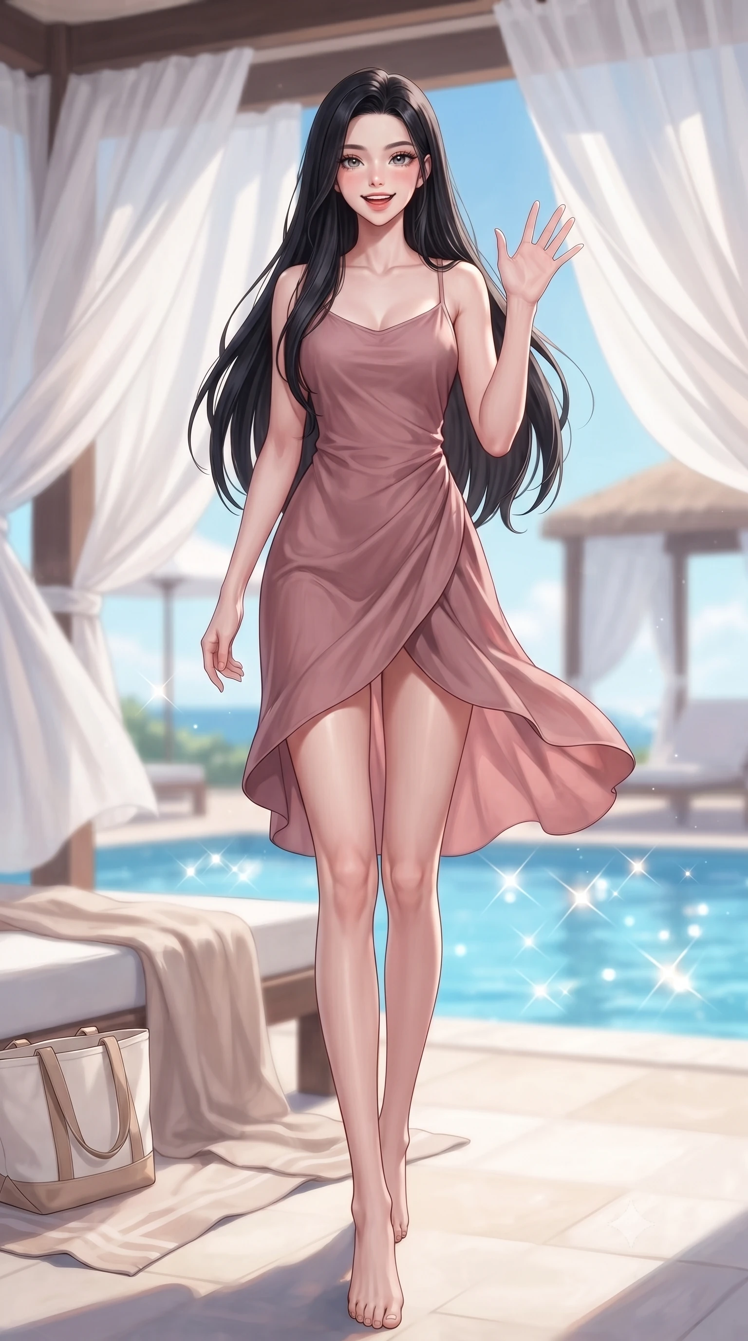 score_9, masterpiece, best quality, ultra-detailed, high-budget anime keyframe, editorial fashion photography, tasteful artistic composition, Korean woman. low angle full-body shot from head to toe showing her feet, filling the entire 9:16 vertical frame with her statuesque presence, stretching her vertical silhouette. stepping forward with a bright, cheerful smile, waving happily at the viewer set against a soft-focus background of at a resort beach cabana with white cotton drapes fluttering in the wind with a soft linen beach towel and a cute canvas tote bag nearby. She has an absolutely perfect, statuesque 8.5-heads proportion, an exceptionally tall and slender model-like female figure with impossibly long slender legs and an ultra-slim waist. sharp v-shaped jawline, high-bridge nose, intricate jewel-like eyes with depth, thick eyelashes, glossy lips with a natural sheen. wearing slim-fit flowy linen sundress in dusty rose, draped softly and comfortably. fresh morning sun rays creating sparkling glints on the blue pool water. highly saturated vibrant anime colors, detailed shading with soft gradients, rich glossy textures, high-contrast stereoscopic depth, volumetric dynamic lighting, master piece, 9:16 ratio