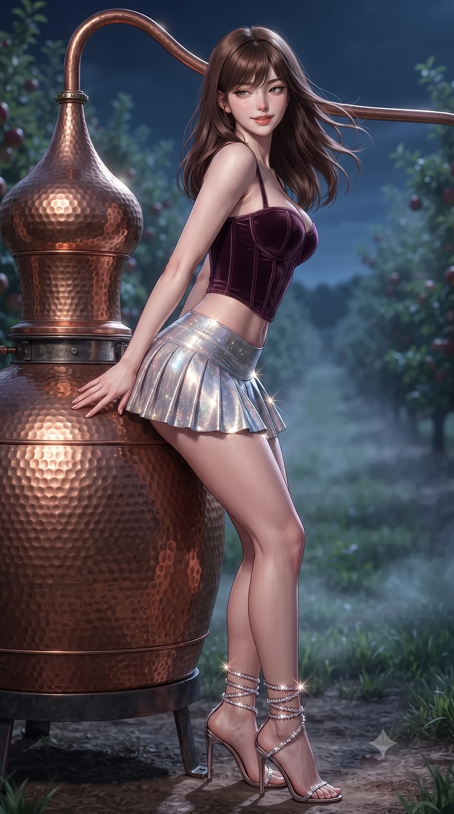 score_9, masterpiece, best quality, ultra-detailed, high-budget anime keyframe, editorial fashion photography, tasteful artistic composition, Korean woman. close-up cowboy shot from the waist and thighs up, the character dominates the composition, filling the frame with her large presence. turning slowly with an enchanting smoldering smile, her glossy hair tossing in the breeze as her hips angle gracefully in a captivating contrapposto while leaning against the antique hammered copper cider alembic with hips cocked back, looking into moonlit orchard rows with heavy-lidded bedroom-eyes. The background shows a soft-focus gentle distillation mist softened in pastoral French countryside shallow focus. She has an exceptionally elegant, slender, and willowy female figure with an ultra-slim waist, flat toned midriff, narrow ribcage, and sculpted feminine hips creating an alluring, slim hourglass silhouette without bulk. sharp v-shaped jawline, high-bridge nose, intricate jewel-like sparkling eyes with depth, thick eyelashes, glossy parted lips with a natural peach sheen, bright cheerful beaming smile with an enchanting and coquettish sensual glint, exuding both youthful cute charm and seductive allure, flawlessly proportioned anatomical accuracy, strict slender model proportions, natural body alignment, perfectly sculpted long slender limbs, ultra-slim waistline, clean dynamic posture without body distortion. wearing a structured boned velvet bustier top paired with an ultra-short low-rise pleated micro mini skirt in iridescent mother-of-pearl and liquid molten silver, woven from stretch metallic lurex jersey casting radiant starlight glints across her curves, complemented by strappy stiletto sandals with crystal ankle wraps accentuating her slender calves, the liquid-tight tailored fabric clinging flawlessly to her narrow waist and rounded feminine hips, emphasizing every millimeter of her sculpted slim hourglass curves without any bulky heaviness. illuminated by copper vessel reflection bounce and sharp rose-gold rim lights sculpting her jawline, narrow waist, and curvy hips. ultra-reflective glossy finish, specular highlights, rich textural contrasts, high-contrast stereoscopic depth, volumetric dynamic lighting, 2k, ultra detail, master piece, 9:16 ratio
