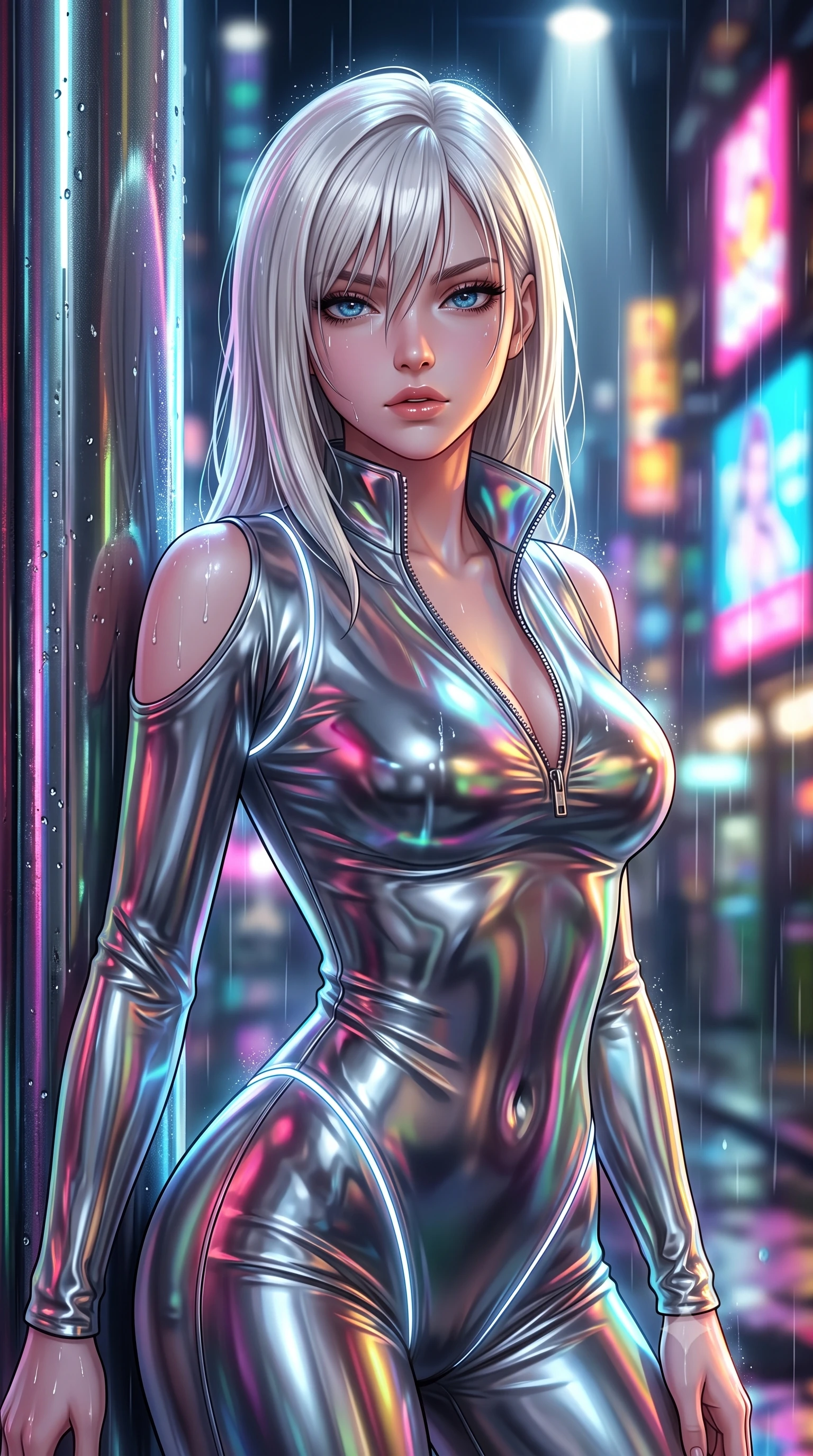 score_9, masterpiece, best quality, ultra-detailed, high-budget anime keyframe, semi-realistic 3D game render, editorial fashion photography, tasteful artistic composition, Caucasian woman. close-up cowboy shot from the waist and thighs up, the character dominates the composition, filling the frame with her large presence. casting a slow, smoldering gaze beneath heavy lashes with parted glossy lips, her head slightly tilted in captivating self-assurance while leaning against a rain-slicked chrome pillar with a smoldering, dangerous gaze beneath wet bangs. The composition keeps background elements in soft focus with creamy bokeh. vibrant neon billboards and cascading rain droplets blurred into dazzling urban bokeh. She has an exceptionally elegant, slender, and willowy female figure with an ultra-slim waist, a gracefully sculpted slender torso, and a refined silhouette. sharp v-shaped jawline, high-bridge nose, intricate jewel-like eyes with depth, thick eyelashes, glossy lips with a natural sheen, flawlessly proportioned anatomical accuracy, natural body alignment, perfectly sculpted elegant limbs, clean dynamic posture without body distortion. wearing a form-fitting top made of molten liquid-mercury fabric that clings to her curves, with strategic tear-drop shoulder cutouts and a dangerously unzipped front collar in translucent smoky quartz and iridescent holographic sheen, made of liquid metal jersey that clings flawlessly to every contour of her build, accented with glowing fiber-optic seams tracing her collarbones and hip curves, the form-contouring second-skin material highlighting her ultra-slim waist and long lines. bathed in multi-colored neon reflections from wet surfaces and sharp overhead spotlights. highly saturated vibrant anime colors, detailed shading with soft gradients, rich glossy textures, high-contrast stereoscopic depth, volumetric dynamic lighting, master piece, 9:16 ratio