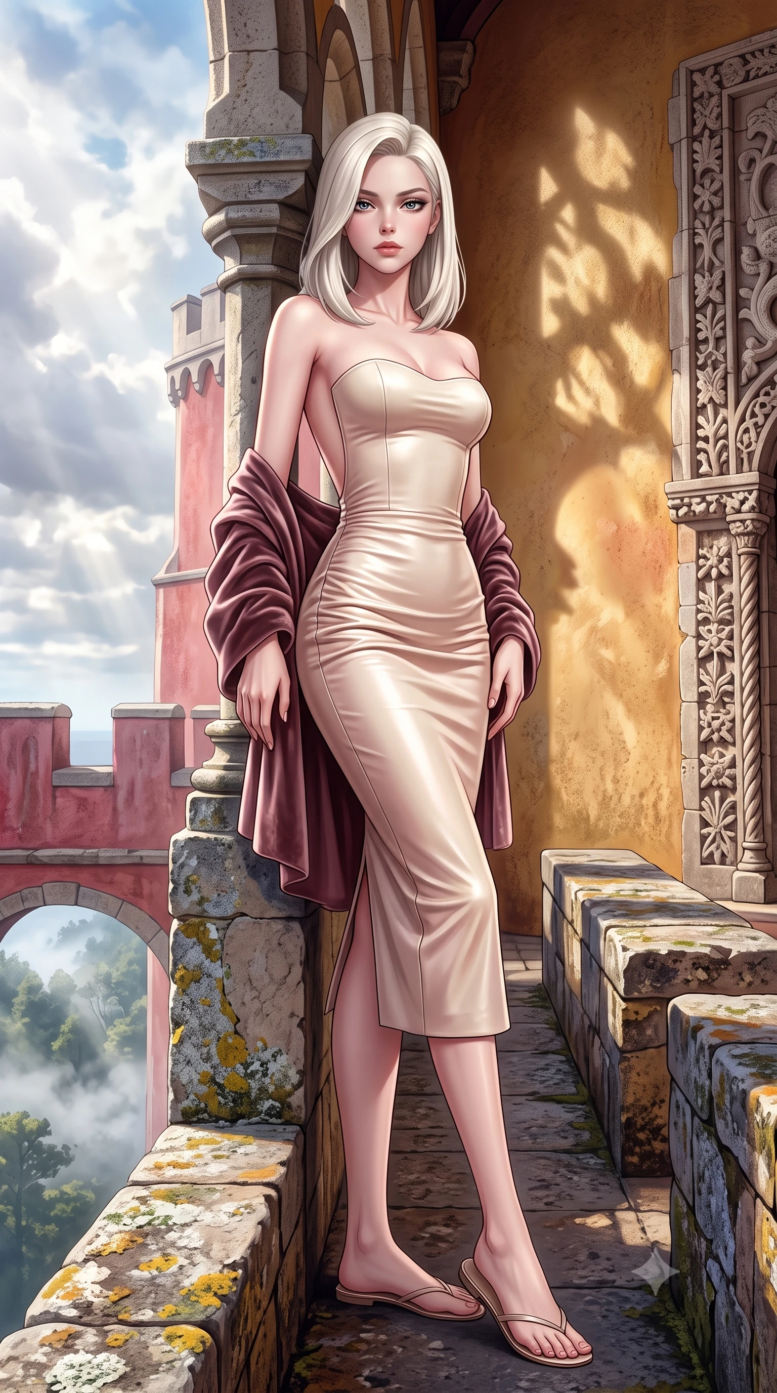 score_9, masterpiece, best quality, ultra-detailed, high-budget anime keyframe, semi-realistic 3D game render, editorial fashion photography, tasteful artistic composition, Caucasian woman. low angle full-body shot from head to toe showing her feet, filling the entire 9:16 vertical frame with her statuesque presence, stretching her vertical silhouette. leaning deep against the structural architecture with hips cocked in an unapologetically bold, seductive high-fashion stance while standing on the vivid ochre and rose-red castle rampart balcony, arching her lower back as Atlantic coastal mist swirls through the enchanted forest below. The surrounding environment is rendered in vivid detail and crisp panoramic clarity. sharp carved Manueline sea-coral stone reliefs, colorful stucco wall textures, and ancient lichen in deep focus. She has an exceptionally tall and slender model-like 8.5-heads proportion, an ultra-slim waist, a flat toned midriff, narrow delicate ribcage, and beautifully sculpted feminine hips creating a graceful, slim hourglass silhouette without any bulky heaviness, with impossibly long slender legs. sharp v-shaped jawline, high-bridge nose, intricate jewel-like eyes with depth, thick eyelashes, glossy parted lips with a natural sheen, intensely captivating and seductive bedroom-eyes expression, flawlessly proportioned anatomical accuracy, strict slender model proportions, natural body alignment, perfectly sculpted long slender limbs, ultra-slim waistline, clean dynamic posture without body distortion. wearing an ultra-fitted strapless bustier midi dress with side hip ruching and exposed spine in vintage champagne ivory and delicate rose gold, formed from supple second-skin lambskin leather with specular sheen, complemented by a plush velvet shawl draped loosely over her elbows, the dramatically scooped open back descending to the base of her spine, accentuating her razor-sharp statuesque lines and slim hourglass silhouette. bathed in luminous coastal mist sunlight breaking through clouds onto the vibrant palace walls. highly saturated vibrant anime colors, detailed shading with soft gradients, rich glossy textures, high-contrast stereoscopic depth, volumetric dynamic lighting, master piece, 9:16 ratio