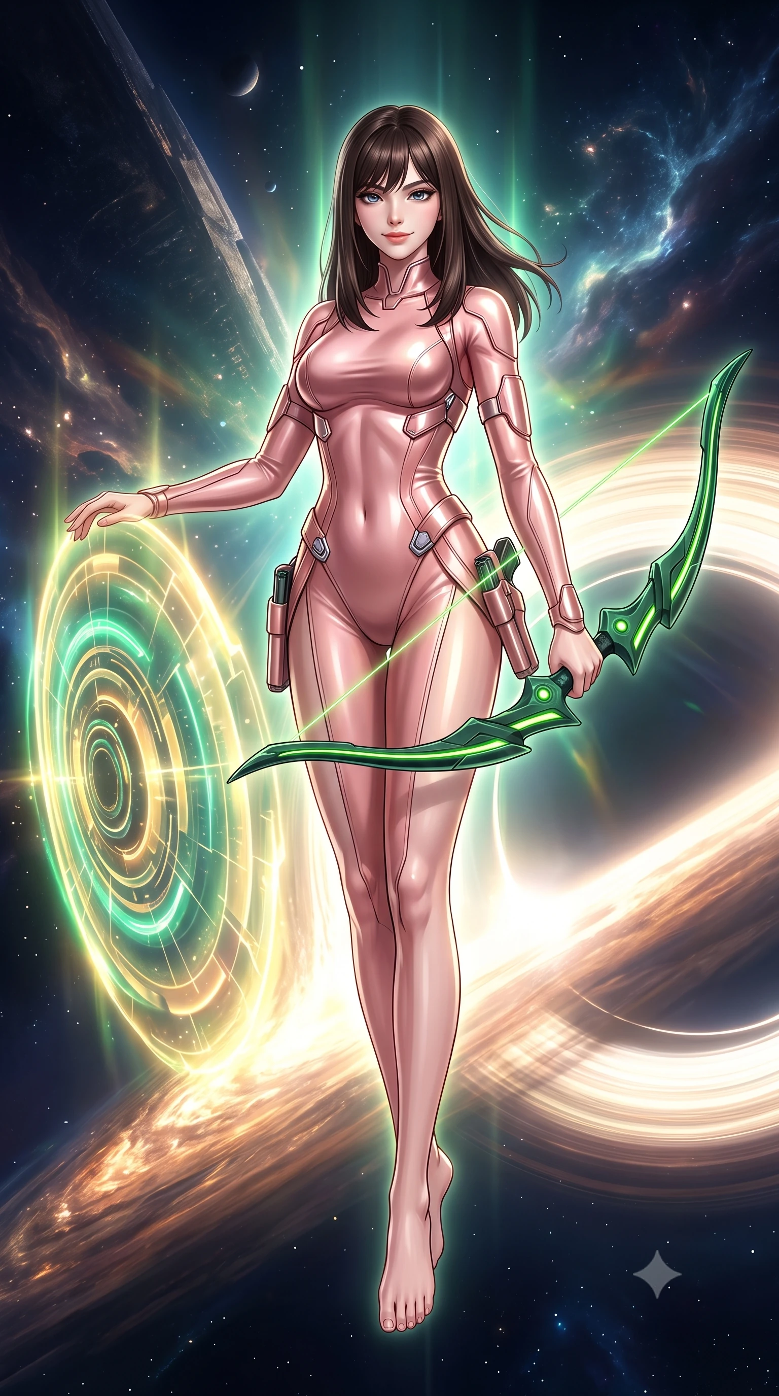 score_9, masterpiece, best quality, ultra-detailed, high-budget anime keyframe, semi-realistic 3D game render, editorial fashion photography, tasteful artistic composition, Korean woman. low angle full-body shot from head to toe showing her feet, filling the entire 9:16 vertical frame with her statuesque presence, stretching her vertical silhouette. performing an alluring mid-air combat landing with flawless poise, looking directly into the camera with regal, deadly intensity while resting one hand on the edge of a floating energy shield with an omnipotent, sovereign smile looking into the camera lens. The surrounding environment is rendered in vivid detail and crisp panoramic clarity. transcendent chiaroscuro contrast between blinding accretion light and deep cosmic shadows in precision. She has an absolutely perfect, statuesque 8.5-heads proportion, an exceptionally tall and slender model-like female figure with impossibly long slender legs, a toned flat midriff, and an ultra-slim waist. sharp v-shaped jawline, high-bridge nose, intricate jewel-like eyes with depth, thick eyelashes, glossy lips with a natural sheen, flawlessly proportioned anatomical accuracy, strict slender model proportions, natural body alignment, perfectly sculpted long slender limbs, ultra-slim waistline, clean dynamic posture without body distortion. wearing a form-fitting luminous rose-gold carbon combat gown with tactical side slits, wielding a floating magnetic energy bow with celestial poise in emerald green carbon composite with glowing lime laser channels, made of liquid carbon-jersey fabric adhering flawlessly to her sculpted silhouette, detailed with magnetic weapon holsters and polished chrome connection clasps, the glove-like aerodynamic second-skin fit tightly clinging to her ultra-slender waist and athletic curves without adding bulk, accentuating her razor-sharp statuesque lines and slim hourglass silhouette. surrounded by an awe-inspiring, supreme, and radiantly transcendent cosmic guardian goddess aura. rich saturated anime colors with glowing neon highlights, detailed shading with soft gradients, rich glossy textures, high-contrast stereoscopic depth, volumetric dynamic lighting, master piece, 9:16 ratio