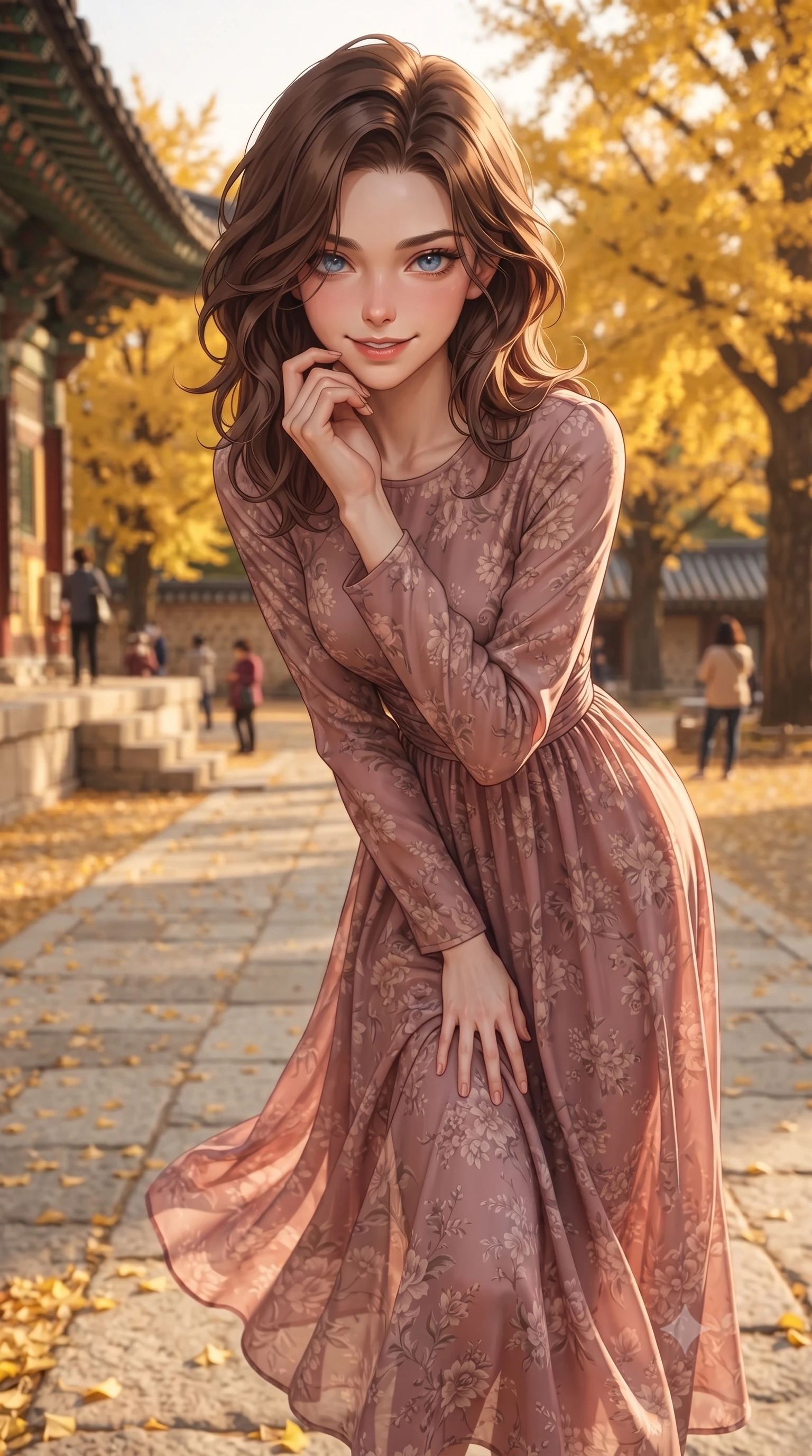 score_9, masterpiece, best quality, ultra-detailed, high-budget anime keyframe, editorial fashion photography, tasteful artistic composition, Korean woman woman. close-up cowboy shot from the waist and thighs up, the character dominates the composition, filling the frame with her large presence, background elements kept in soft focus. leaning slightly forward with a playful, teasing smile, her gaze locked onto the viewer the background shows a soft-focus a stone courtyard of an old temple filled with golden ginkgo trees and fallen leaves. She has an exceptionally elegant, slender, and willowy female figure with an ultra-slim waist, a gracefully sculpted slender torso, and a refined silhouette. sharp v-shaped jawline, high-bridge nose, intricate jewel-like eyes with depth, thick eyelashes, glossy lips with a natural sheen. wearing a body-hugging flowy floral chiffon maxi dress in dusty rose, featuring long sleeves and a modest crew neck. warm golden hour afternoon light bathing the courtyard in warmth. ultra-reflective glossy finish, specular highlights, metallic sheen, high-contrast stereoscopic depth, volumetric dynamic lighting, 2k, ultra detail, master piece, 9:16 ratio