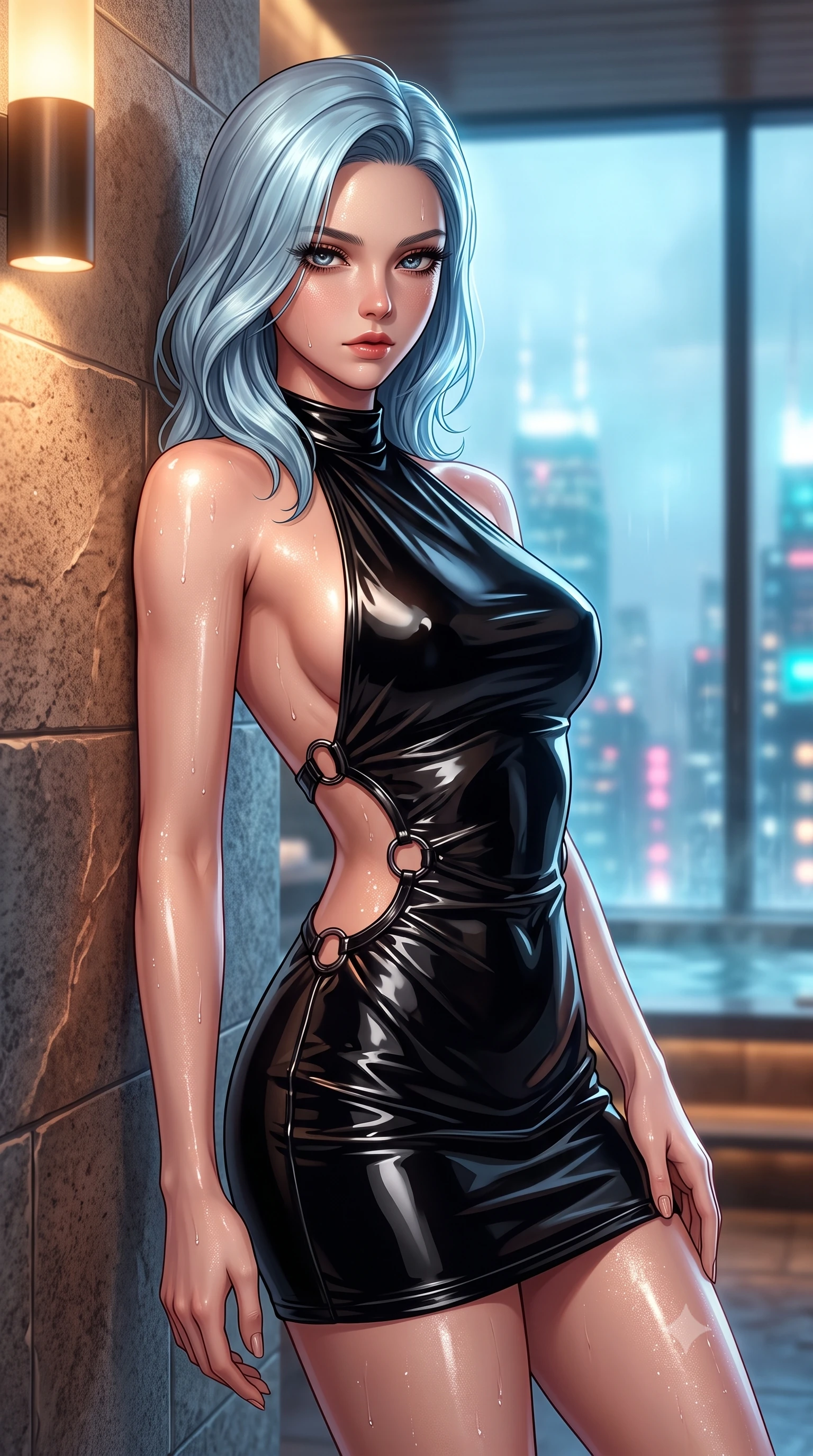 score_9, masterpiece, best quality, ultra-detailed, high-budget anime keyframe, editorial fashion photography, tasteful artistic composition, Korean woman. close-up cowboy shot from the waist and thighs up, the character dominates the composition, filling the frame with her large presence, background elements kept in soft focus. Casting a slow, direct gaze beneath heavy lashes with quiet intensity, resting against a heated stone wall in a private high-floor spa sanctuary, dewy natural skin texture glistened under warm ambient sconce rays. She has an exceptionally elegant, slender, and willowy female figure with an ultra-slim waist, a gracefully sculpted slender torso, and a refined silhouette. sharp v-shaped jawline, high-bridge nose, intricate jewel-like eyes with depth, thick eyelashes, glossy lips with a natural sheen. wearing backless liquid vinyl mini slip dress with bare shoulder halter neckline in pitch-black onyx, made of high-gloss liquid vinyl, trimmed with dark chrome ring hardware along the waist contours, accentuating her gracefully sculpted slender torso. lit by low-key sconce rays contrasting against cold misty city skyglow. highly saturated vibrant anime colors, detailed shading with soft gradients, rich glossy textures, high-contrast stereoscopic depth, volumetric dynamic lighting, master piece, 9:16 ratio