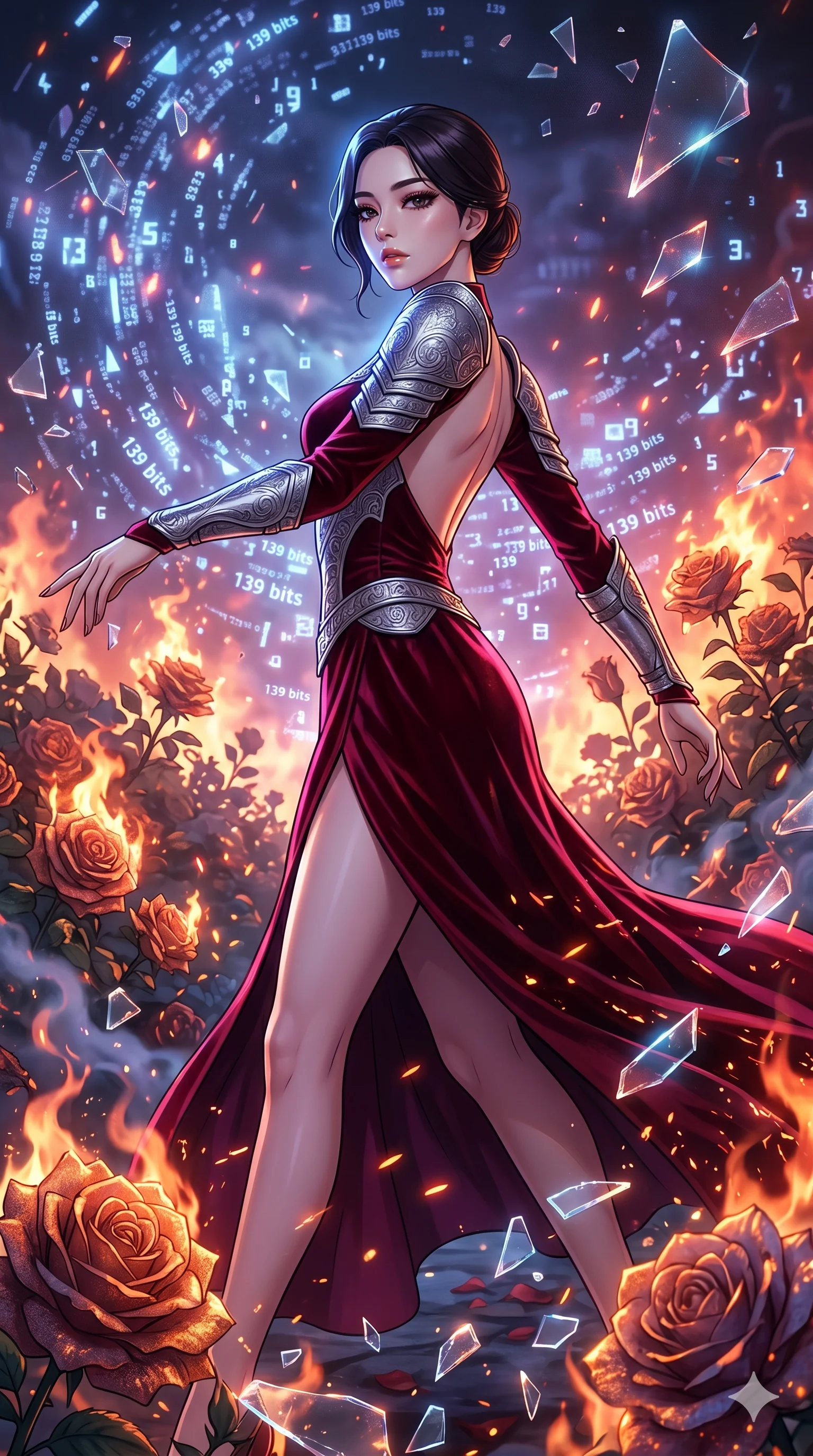 score_9, masterpiece, best quality, ultra-detailed, Set A: High-budget Anime Keyframe, Korean woman. Upper body close-up from the thighs up, character filling the screen for maximum presence. Dancing through a burning rose garden, while a digital blizzard of 139 bits obscures the horizon and surrounded by shattered glass fragments. She has an absolutely perfect 8-heads proportion, an exceptionally tall and slender female figure with impossibly long slender legs and an ultra-slim waist. Sharp v-shaped jawline, high-bridge nose, intricate jewel-like eyes with depth, thick eyelashes, glossy lips with a natural sheen. Wearing Backless velvet gown with silver engraved plate armor pieces and a high side slit. Cinematic lighting, vibrant colors, dramatic shadows, 2k, ultra detail, master piece, 9:16 ratio