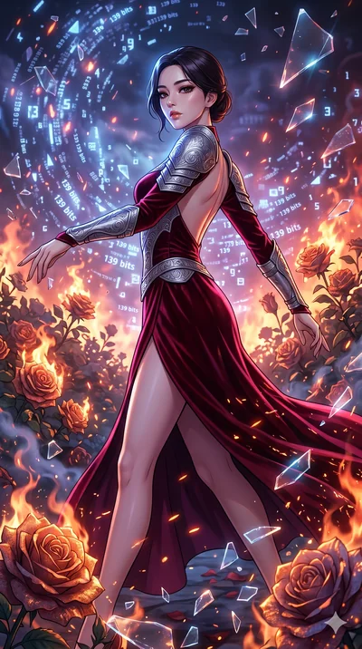 score_9, masterpiece, best quality, ultra-detailed, Set A: High-budget Anime Keyframe, Korean woman. Upper body close-up from the thighs up, character filling the screen for maximum presence. Dancing through a burning rose garden, while a digital bli