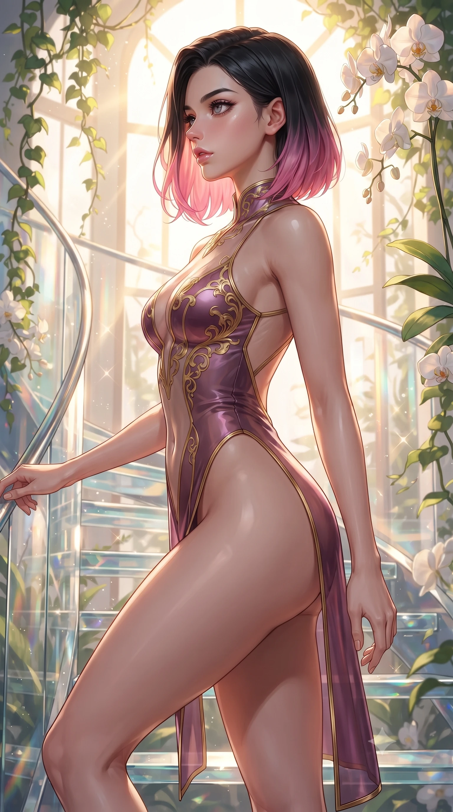 score_9, masterpiece, best quality, ultra-detailed, high-budget anime keyframe, editorial fashion photography, tasteful artistic composition, Korean woman. close-up cowboy shot from the waist and thighs up, the character dominates the composition, filling the frame with her large presence, background elements kept in soft focus. Turning her face in sharp dramatic profile against the bright light, showcasing her sharp v-shaped jawline ascending a vertical spiral glass staircase enveloped by tropical sunbeams, lush green vines and white orchids framing the bright architectural backdrop. She has an exceptionally elegant, slender, and willowy female figure with an ultra-slim waist, a gracefully sculpted slender torso, and a refined silhouette. sharp v-shaped jawline, high-bridge nose, intricate jewel-like eyes with depth, thick eyelashes, glossy lips with a natural sheen. wearing a high-cut translucent vinyl leotard with front paneling and open back in plum purple and gold filigree, crafted from lustrous satin jersey with fluid draping, finished with a sleek side slit ascending to mid-thigh, the tailored fabric tightly following every curve of her athletic build. lit by warm golden-hour rays cascading through crystalline glass panes. ultra-reflective glossy finish, specular highlights, metallic sheen, high-contrast stereoscopic depth, volumetric dynamic lighting, 2k, ultra detail, master piece, 9:16 ratio