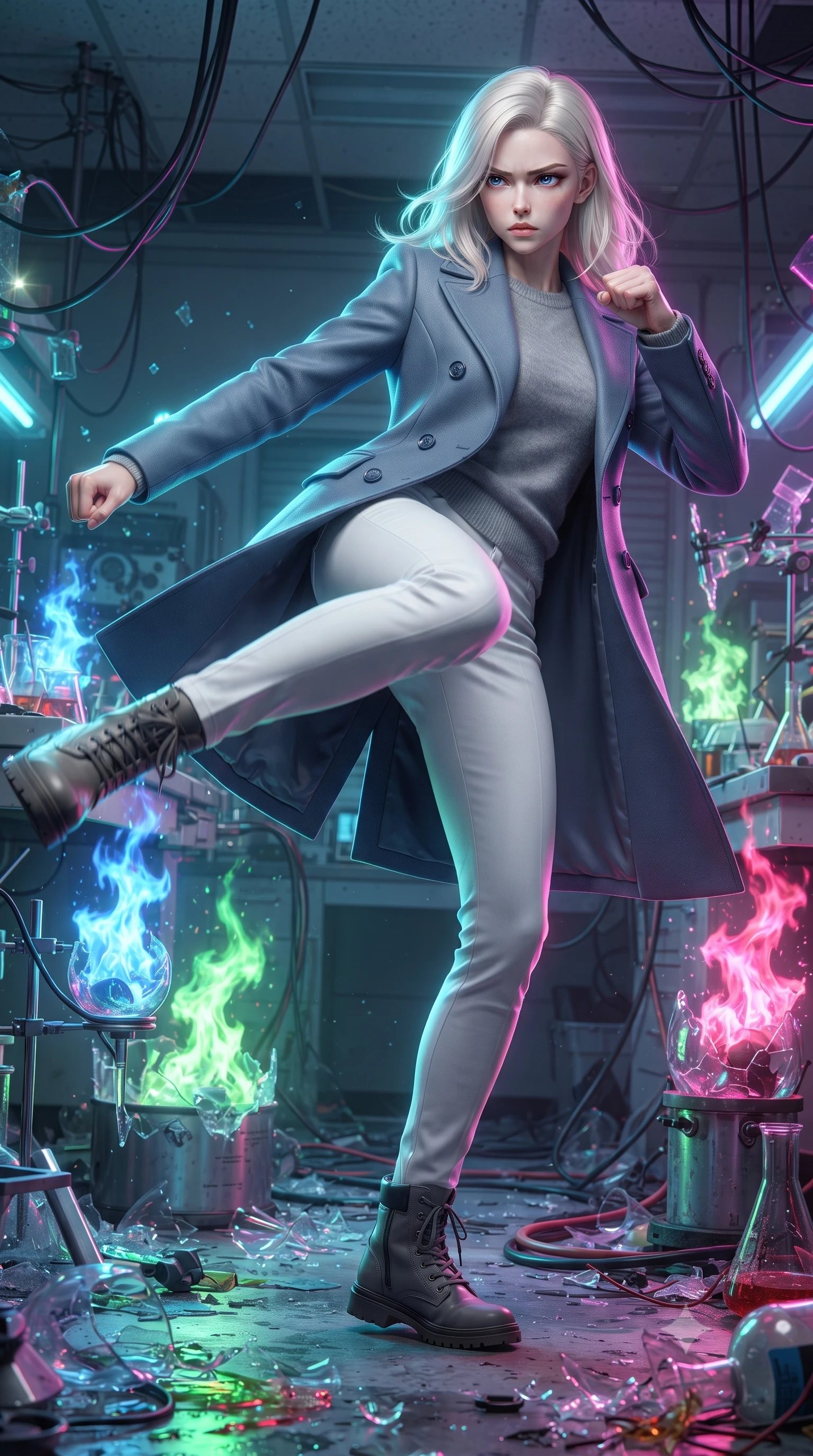 score_9, masterpiece, best quality, ultra-detailed, high-budget anime keyframe, editorial fashion photography, tasteful artistic composition, realistic cosplay photography, Caucasian woman, strictly human ears. low angle full-body shot from head to toe showing her feet, filling the entire 9:16 vertical frame with her statuesque presence, stretching her vertical silhouette. executing a lightning-fast low sweep kick with fluid momentum and intense focus inside a chaotic laboratory where glass beakers are shattering, releasing colorful chemical flames in blue, green, and pink. She has a statuesque 8.5-heads proportion, an exceptionally tall, slender and willowy model-like build with impossibly long legs and a highly sculpted ultra-slim waist. sharp v-shaped jawline, high-bridge nose, intricate jewel-like eyes with depth, thick eyelashes, glossy lips with a natural sheen. wearing tailored for maximum mobility, sleek form-contouring panels that allow fluid movement, a tailored structured double-breasted coat in slate blue over a soft grey cashmere sweater and white slim trousers. brilliant cinematic volumetric lighting with intense neon rim light outlining her form. ultra-reflective glossy finish, specular highlights, metallic sheen, high-contrast stereoscopic depth, volumetric dynamic lighting, 2k, ultra detail, master piece, 9:16 ratio