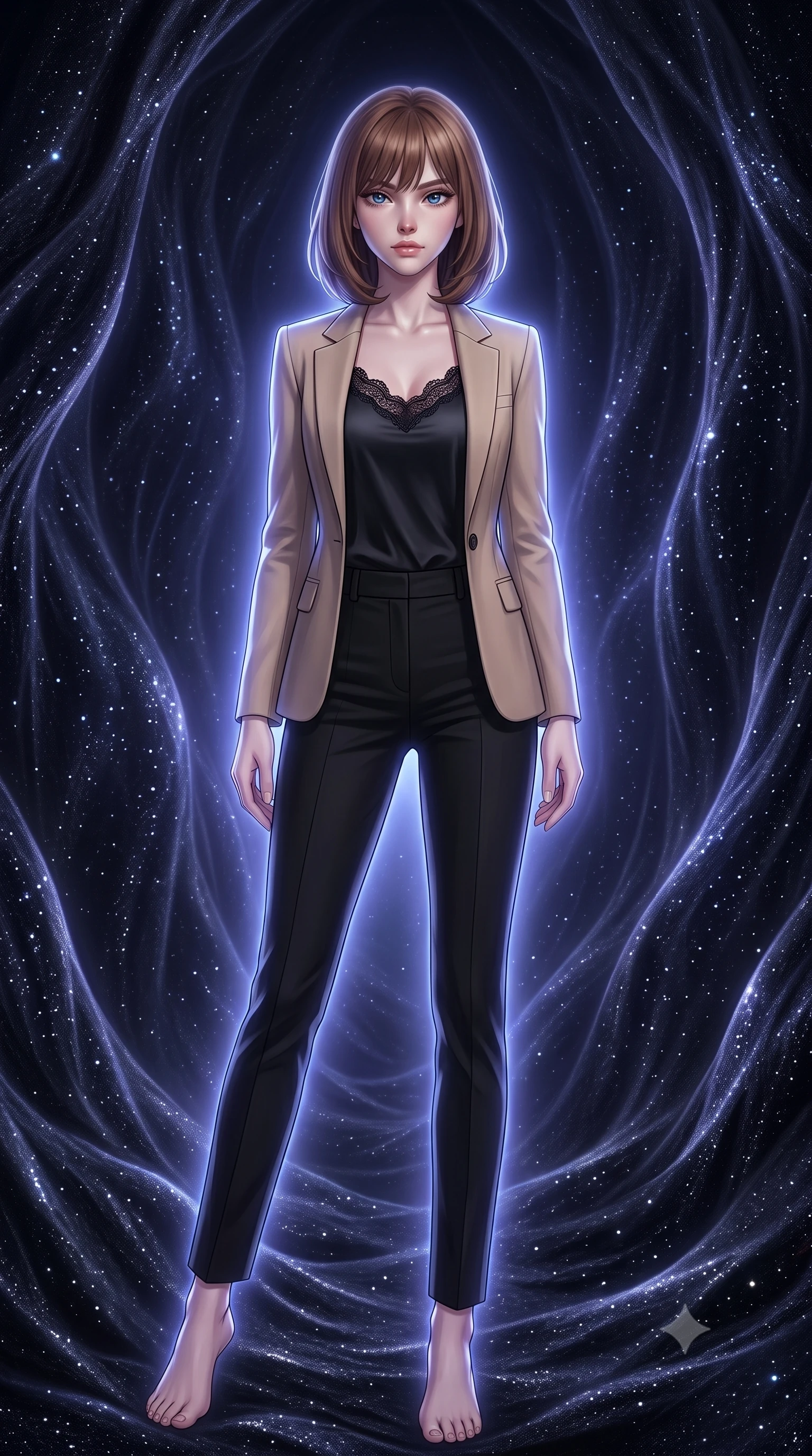 score_9, masterpiece, best quality, ultra-detailed, high-budget anime keyframe, editorial fashion photography, tasteful artistic composition, Caucasian woman, strictly human ears. low angle full-body shot from head to toe showing her feet, filling the entire 9:16 vertical frame with her statuesque presence, stretching her vertical silhouette. striking a commanding pose within a chamber woven entirely from visible dark matter that shimmers like the darkest silk threaded with captured starlight the walls undulating slowly like cosmic fabric breathing in gravitational waves. She has a statuesque 8.5-heads proportion, an exceptionally tall, slender and willowy model-like build with impossibly long legs and a highly sculpted ultra-slim waist. sharp v-shaped jawline, high-bridge nose, intricate jewel-like eyes with depth, thick eyelashes, glossy lips with a natural sheen. wearing a black fine lace-trimmed satin camisole layered under a structured beige blazer, paired with tailored pencil pants. cool ethereal blue-violet bioluminescent glow wrapping around her from all sides. 2k, ultra detail, master piece, 9:16 ratio