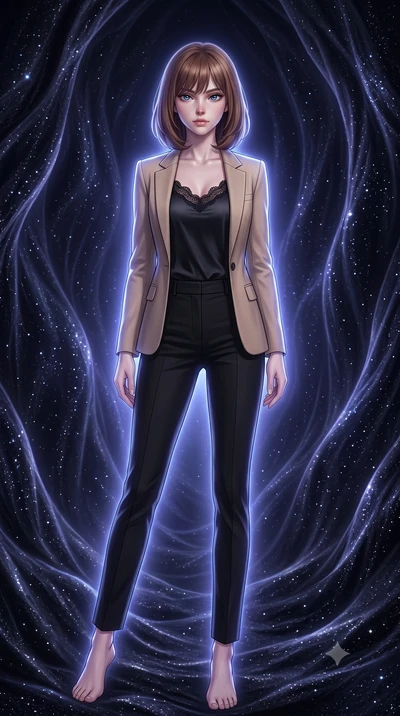 score_9, masterpiece, best quality, ultra-detailed, high-budget anime keyframe, editorial fashion photography, tasteful artistic composition, Caucasian woman, strictly human ears. low angle full-body shot from head to toe showing her feet, filling th