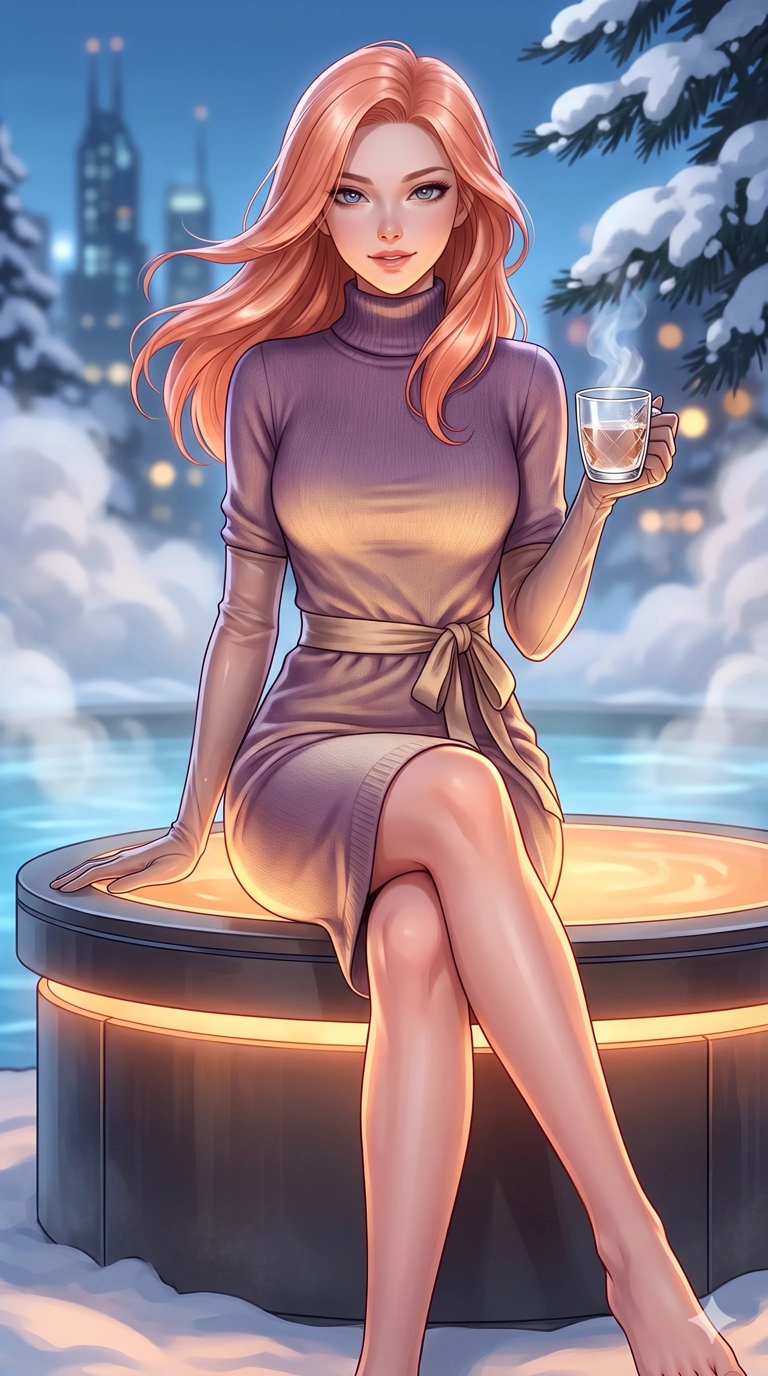 score_9, masterpiece, best quality, ultra-detailed, high-budget anime keyframe, semi-realistic 3D game render, editorial fashion photography, tasteful artistic composition, Japanese woman. close-up cowboy shot from the waist and thighs up, the character dominates the composition, filling the frame with her large presence. turning slowly with an enchanting smoldering smile, her glossy hair tossing in the breeze as her hips angle gracefully in a captivating contrapposto while sitting perched on the edge of the circular heated platform with legs crossed, holding a steaming crystal mug with an irresistible, parted-lip smile. The background shows a soft-focus billowing thermal steam clouds, heavy snowdrifts on dark pine branches, and distant cyberpunk spires blurred into slate blue, ivory, and streetlamp amber bokeh. She has an exceptionally elegant, slender, and willowy female figure with an ultra-slim waist, flat toned midriff, narrow ribcage, and sculpted feminine hips creating an alluring, slim hourglass silhouette without bulk. sharp v-shaped jawline, high-bridge nose, sparkling eyes with hypnotic seductive depth, thick curled eyelashes, glossy parted lips with a natural dewy peach sheen, alluring bedroom-eyes with an enchanting coquettish smile, exuding magnetic siren charisma and sophisticated glamour, flawlessly proportioned anatomical accuracy, strict slender model proportions, natural body alignment, perfectly sculpted long slender limbs, ultra-slim waistline, clean dynamic posture without body distortion. wearing a cozy fine-gauge turtleneck cashmere sweater dress with a tied sash belt and knee-length hem in frosted plum violet and brushed champagne gold, tailored from double-faced cashmere and virgin wool with a pristine velvety brushed finish, complemented by sheer opera-length evening gloves tracing her slender arms, the impeccably tailored cut draping gracefully along her slender figure with aristocratic futuristic poise. bathed in warm 3000K underwater thermal pool illumination contrasting with crisp blue polar moonlight. highly saturated vibrant anime colors, detailed shading with soft gradients, rich glossy textures, high-contrast stereoscopic depth, volumetric dynamic lighting, master piece, 9:16 ratio