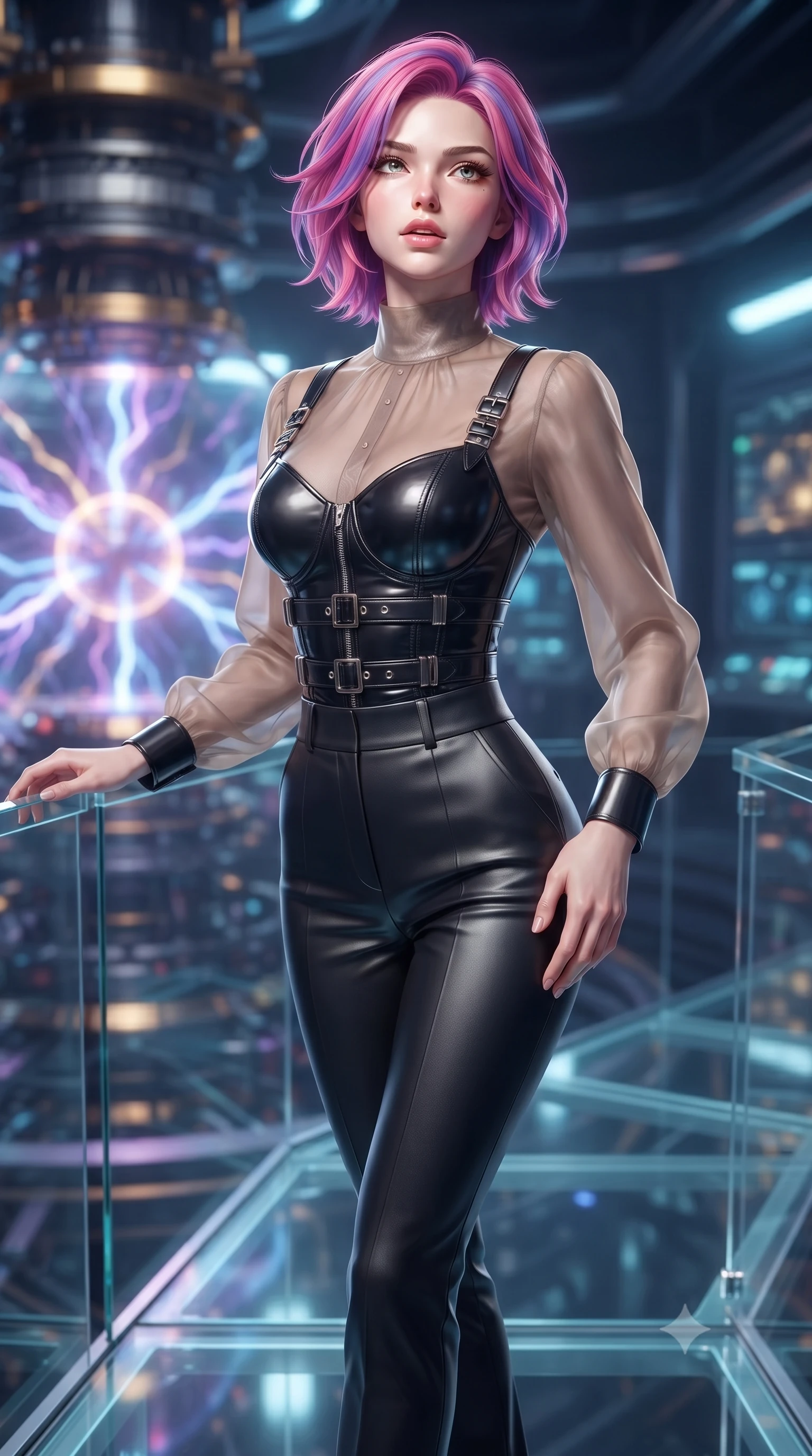 score_9, masterpiece, best quality, ultra-detailed, high-budget anime keyframe, editorial fashion photography, tasteful artistic composition, Caucasian woman. close-up cowboy shot from the waist and thighs up, the character dominates the composition, filling the frame with her large presence, background elements kept in soft focus. Tilting her chin up slightly with lips parted in a magnetic, composed expression poised on a glass platform over a quantum particle accelerator core, glowing plasma arcs pulsating rhythmically in the background. She has an exceptionally elegant, slender, and willowy female figure with an ultra-slim waist, a gracefully sculpted slender torso, and a refined silhouette. sharp v-shaped jawline, high-bridge nose, intricate jewel-like eyes with depth, thick eyelashes, glossy lips with a natural sheen. wearing a tailored leather bustier over a sheer silk chiffon blouse with tailored slacks, the tailored fabric tightly following every curve of her athletic build. surrounded by a crisp high-tech illumination highlighting every sleek curve. ultra-reflective glossy finish, specular highlights, metallic sheen, high-contrast stereoscopic depth, volumetric dynamic lighting, 2k, ultra detail, master piece, 9:16 ratio