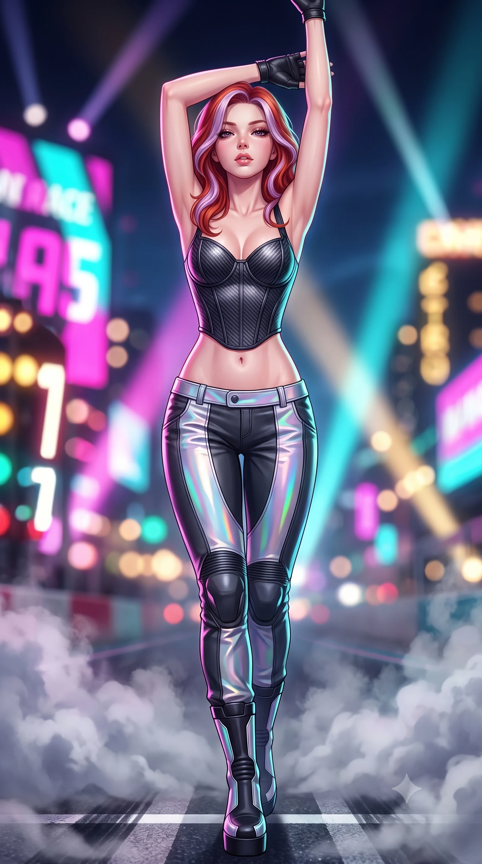 score_9, masterpiece, best quality, ultra-detailed, high-budget anime keyframe, semi-realistic 3D game render, editorial fashion photography, tasteful artistic composition, Caucasian woman. close-up cowboy shot from the waist and thighs up, the character dominates the composition, filling the frame with her large presence. arching her back languidly with arms stretching overhead, highlighting her narrow waist and feminine silhouette in pure supermodel elegance while stepping forward with proud runway strides amidst rising tire smoke, her statuesque vertical presence commanding the frame. The composition keeps background elements in soft focus with creamy bokeh. giant LED jumbotron race countdown graphics and sweeping searchlights blurred into electric magenta, turquoise, and gold bokeh. She has an exceptionally elegant, slender, and willowy female figure with an ultra-slim waist, a gracefully sculpted slender torso, toned flat midriff, and a refined slim silhouette. sharp v-shaped jawline, high-bridge nose, intricate jewel-like eyes with depth, thick eyelashes, glossy parted lips with a natural sheen, intensely captivating and seductive expression, flawlessly proportioned anatomical accuracy, strict slender model proportions, natural body alignment, perfectly sculpted long slender limbs, ultra-slim waistline, clean dynamic posture without body distortion. wearing a deconstructed carbon-fiber corset top paired with low-slung leather utility trousers in holographic silver prism and deep graphite, crafted from flexible ballistic matte leather and aerodynamic stretch neoprene, accessorized with bold platform racing boots and fingerless leather gloves, the liquid-tight tailored fabric emphasizing every curve of her tall, slender model proportions and sculptured silhouette. illuminated by crisp directional rim lighting sharply defining her razor-sharp jawline and feminine curves. highly saturated vibrant anime colors, detailed shading with soft gradients, rich glossy textures, high-contrast stereoscopic depth, volumetric dynamic lighting, master piece, 9:16 ratio