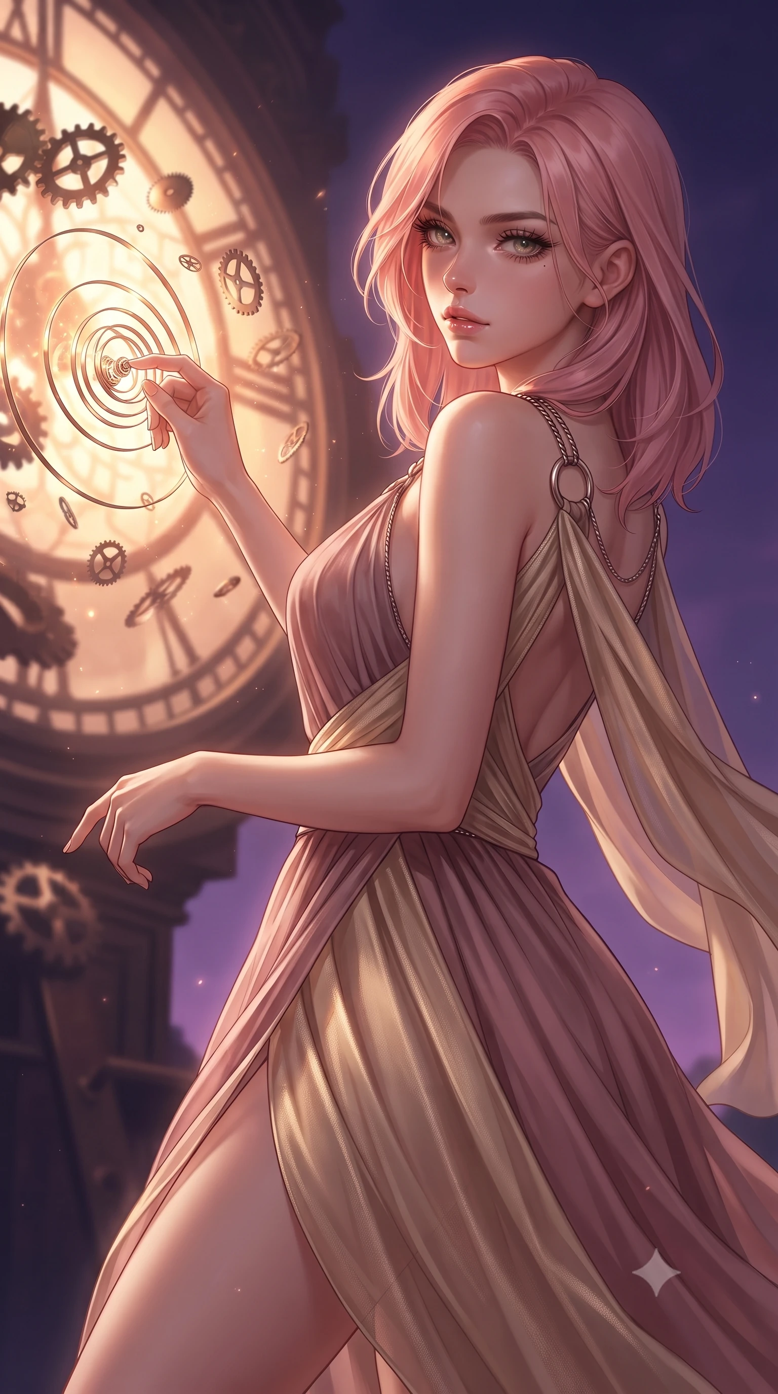 score_9, masterpiece, best quality, ultra-detailed, high-budget anime keyframe, editorial fashion photography, tasteful artistic composition, Japanese woman. close-up cowboy shot from the waist and thighs up, the character dominates the composition, filling the frame with her large presence, background elements kept in soft focus. Pivoting sharply while looking back over her shoulder with heavy lashes and a confident, intense gaze while reaching forward to adjust a glowing clockwork spring wire in a storm of gear parts, dramatic twilight amber light streaming through a massive clock tower window. She has an exceptionally elegant, slender, and willowy female figure with an ultra-slim waist, a gracefully sculpted slender torso, and a refined silhouette. sharp v-shaped jawline, high-bridge nose, intricate jewel-like eyes with depth, thick eyelashes, glossy lips with a natural sheen, flawlessly proportioned anatomical accuracy, natural body alignment, perfectly sculpted elegant limbs, clean dynamic posture without body distortion. wearing an asymmetrical Grecian draped chiffon gown with a metallic shoulder ring in dusty rose and champagne gold, woven from fine semi-opaque sheer organza, adorned with delicate metallic chain straps along the neckline, the elegant draped fit framing her graceful clavicle and slender torso. surrounded by a contrast of deep violet sky and radiant bronze mechanical light. ultra-reflective glossy finish, specular highlights, metallic sheen, high-contrast stereoscopic depth, volumetric dynamic lighting, 2k, ultra detail, master piece, 9:16 ratio