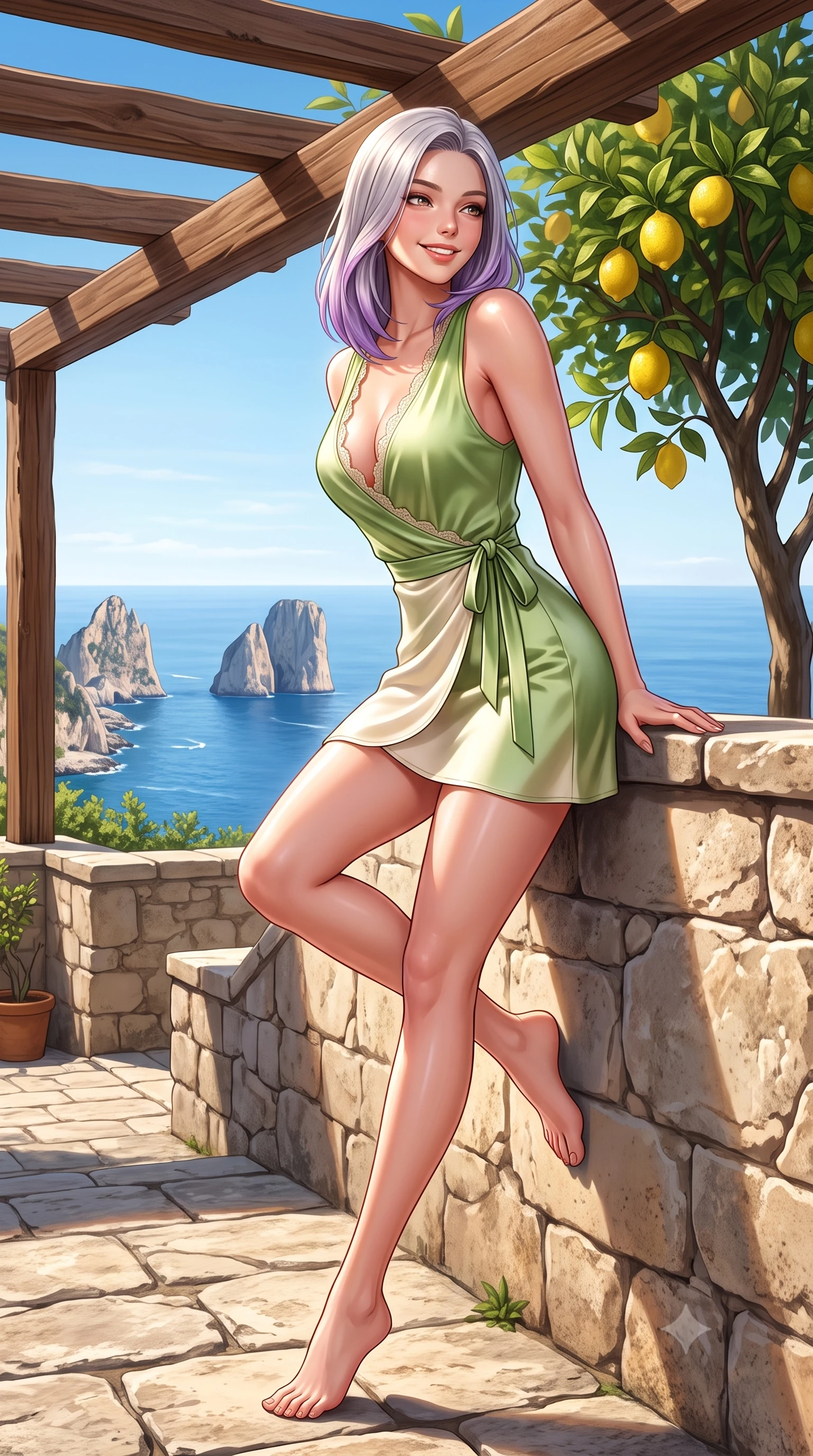 score_9, masterpiece, best quality, ultra-detailed, high-budget anime keyframe, semi-realistic 3D game render, editorial fashion photography, tasteful artistic composition, Caucasian woman. low angle full-body shot from head to toe showing her feet, filling the entire 9:16 vertical frame with her statuesque presence, stretching her vertical silhouette. leaning deep against the sunlit architecture with hips cocked back in a cute yet unapologetically alluring high-fashion stance, flashing a warm beaming smile while perching on the ancient stone terrace wall with legs crossed, looking over a bare shoulder with a sun-kissed, teasing cute smile over the Faraglioni. The surrounding environment is rendered in vivid detail and crisp panoramic clarity. sharp rustic chestnut wood pergola beams, rough limestone paving stones, and lemon rind texture in deep focus. She has an exceptionally tall and slender model-like 8.5-heads proportion, an ultra-slim waist, a flat toned midriff, narrow delicate ribcage, and beautifully sculpted feminine hips creating a graceful, slim hourglass silhouette without any bulky heaviness, with impossibly long slender legs. sharp v-shaped jawline, high-bridge nose, intricate jewel-like sparkling eyes with depth, thick eyelashes, glossy parted lips with a natural peach sheen, bright cheerful beaming smile with an enchanting and coquettish sensual glint, exuding both youthful cute charm and seductive allure, flawlessly proportioned anatomical accuracy, strict slender model proportions, natural body alignment, perfectly sculpted long slender limbs, ultra-slim waistline, clean dynamic posture without body distortion. wearing a breezy wrap mini dress with a deep V-neckline and tie-waist accentuating her sculpted flat midriff and hips in matcha green and warm ivory, made of smooth fluid silk satin with a delicate pearlescent sheen, finished with delicate lace scallop edging along the neckline, the liquid-tight tailored fabric clinging flawlessly to her narrow waist and rounded feminine hips, emphasizing every millimeter of her sculpted slim hourglass curves without any bulky heaviness. illuminated by intense specular sea surface glints defining her sculpted collarbones, narrow waist, and curvy hips. highly saturated vibrant anime colors, detailed shading with soft gradients, rich glossy textures, high-contrast stereoscopic depth, volumetric dynamic lighting, master piece, 9:16 ratio