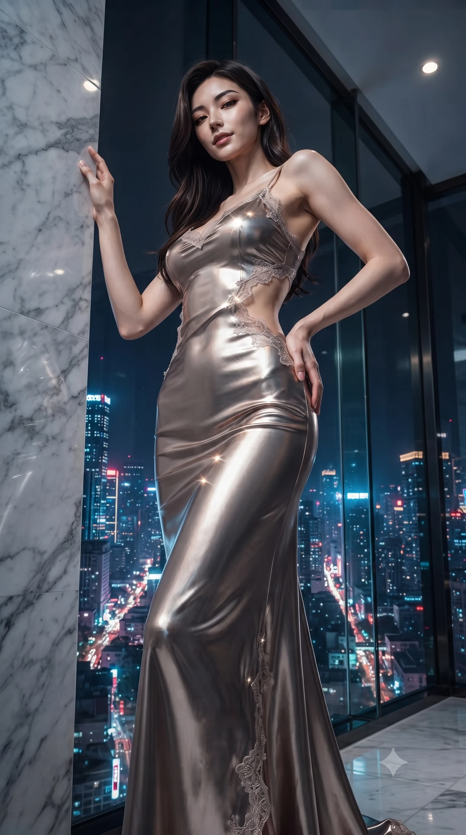score_9, masterpiece, best quality, ultra-detailed, High-budget Anime Keyframe, editorial fashion photography, tasteful artistic composition, realistic cosplay photography, East Asian woman. Low angle cowboy shot filling the entire 9:16 frame with her statuesque presence. Scenario 286: leaning against a cold marble pillar inside a luxury penthouse with floor-to-ceiling glass walls overlooking a neon grid. Her presence is magnetic and overpowering in this high-budget cinematic scene. Outfit 286: a slim-fit molten liquid silk liquid with a strategic side cut-outs and delicate lace embroidery. The clothing is designed to emphasize her exceptionally tall and slender 8-heads proportion. 8-heads proportion, towering silhouette, ultra-slim waist. sharp v-shaped jawline, intricate jewel-like eyes with depth, thick eyelashes, glossy lips. ultra-reflective glossy finish, specular highlights, metallic sheen, high-contrast stereoscopic depth, volumetric dynamic lighting, 2k, ultra detail, master piece, 9:16 ratio