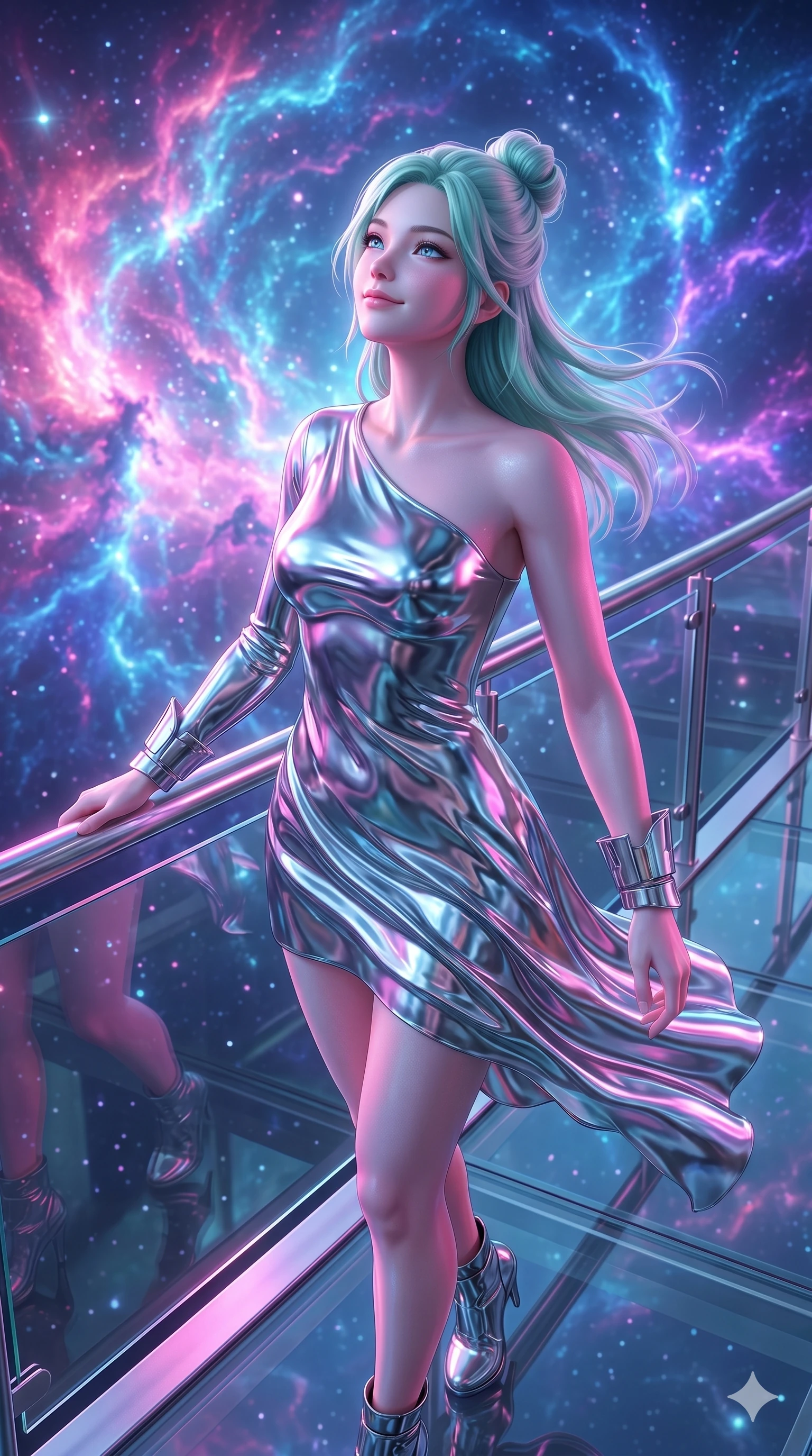score_9, masterpiece, best quality, ultra-detailed, high-budget anime keyframe, semi-realistic 3D game render, Japanese woman. Upper body close-up from the thighs up, character filling the screen for maximum presence. Standing on a glass catwalk, looking at a digital nebula, leaning back against the rail, looking up with a dreamy, peaceful smile. She is wearing an asymmetrical dress in liquid-chrome finish and silver wrist cuffs. The scene is bathed in the vibrant pink and blue light of the digital nebula. 2k, ultra detail, master piece, 9:16 ratio