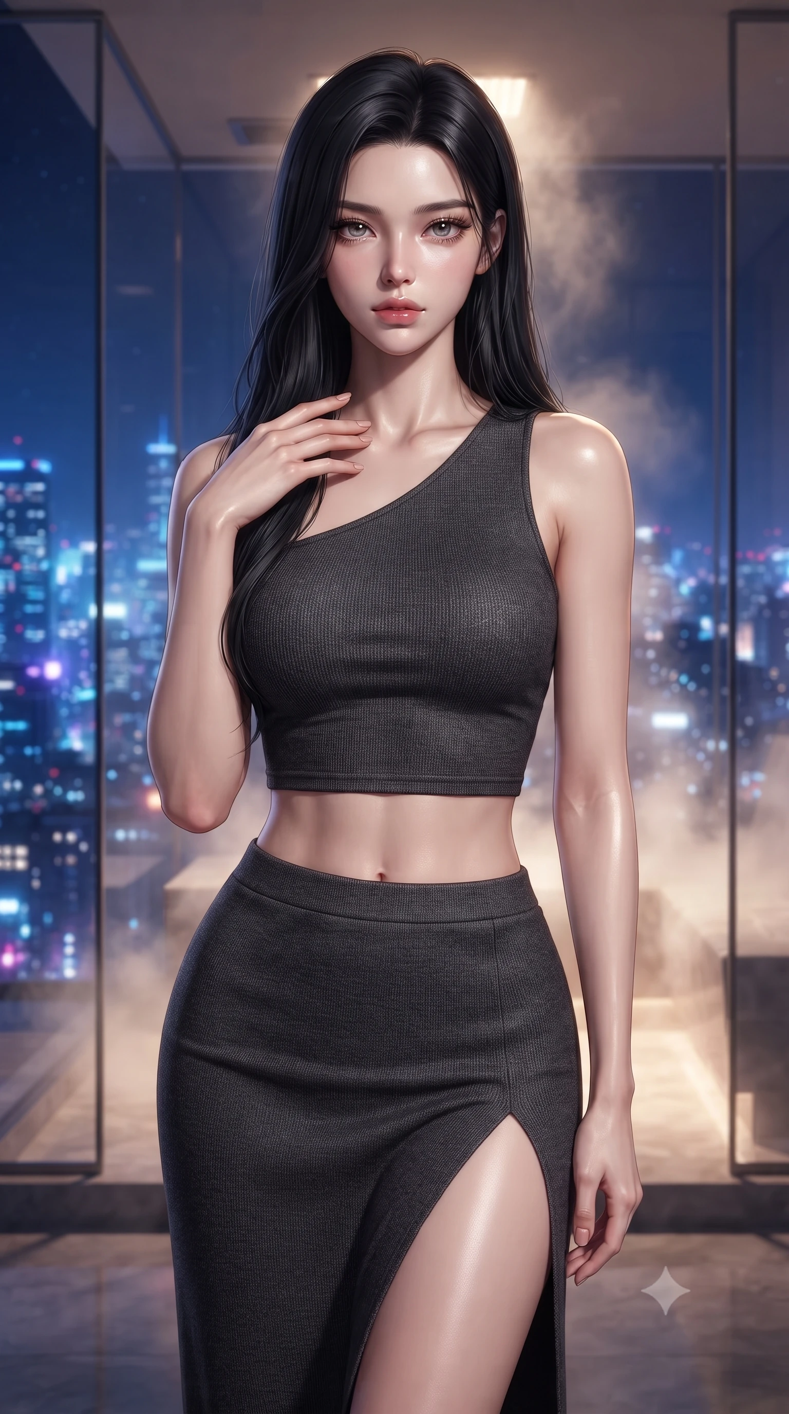 score_9, masterpiece, best quality, ultra-detailed, high-budget anime keyframe, editorial fashion photography, tasteful artistic composition, Korean woman woman. close-up cowboy shot from the waist and thighs up, the character dominates the composition, filling the frame with her large presence, background elements kept in soft focus. standing with one hand resting on her collarbone, looking at the viewer with bedroom-eyes the background shows a soft-focus a high-rise private steam room with glass walls overlooking the city lights at night. She has an exceptionally elegant, slender, and willowy female figure with an ultra-slim waist, a gracefully sculpted slender torso, and a refined silhouette. sharp v-shaped jawline, high-bridge nose, intricate jewel-like eyes with depth, thick eyelashes, glossy lips with a natural sheen. wearing a body-hugging asymmetric one-shoulder crop top in charcoal knit, paired with a high-slit skirt. glittering blue and violet city skyline lights contrasting with warm steam glow. ultra-reflective glossy finish, specular highlights, metallic sheen, high-contrast stereoscopic depth, volumetric dynamic lighting, 2k, ultra detail, master piece, 9:16 ratio