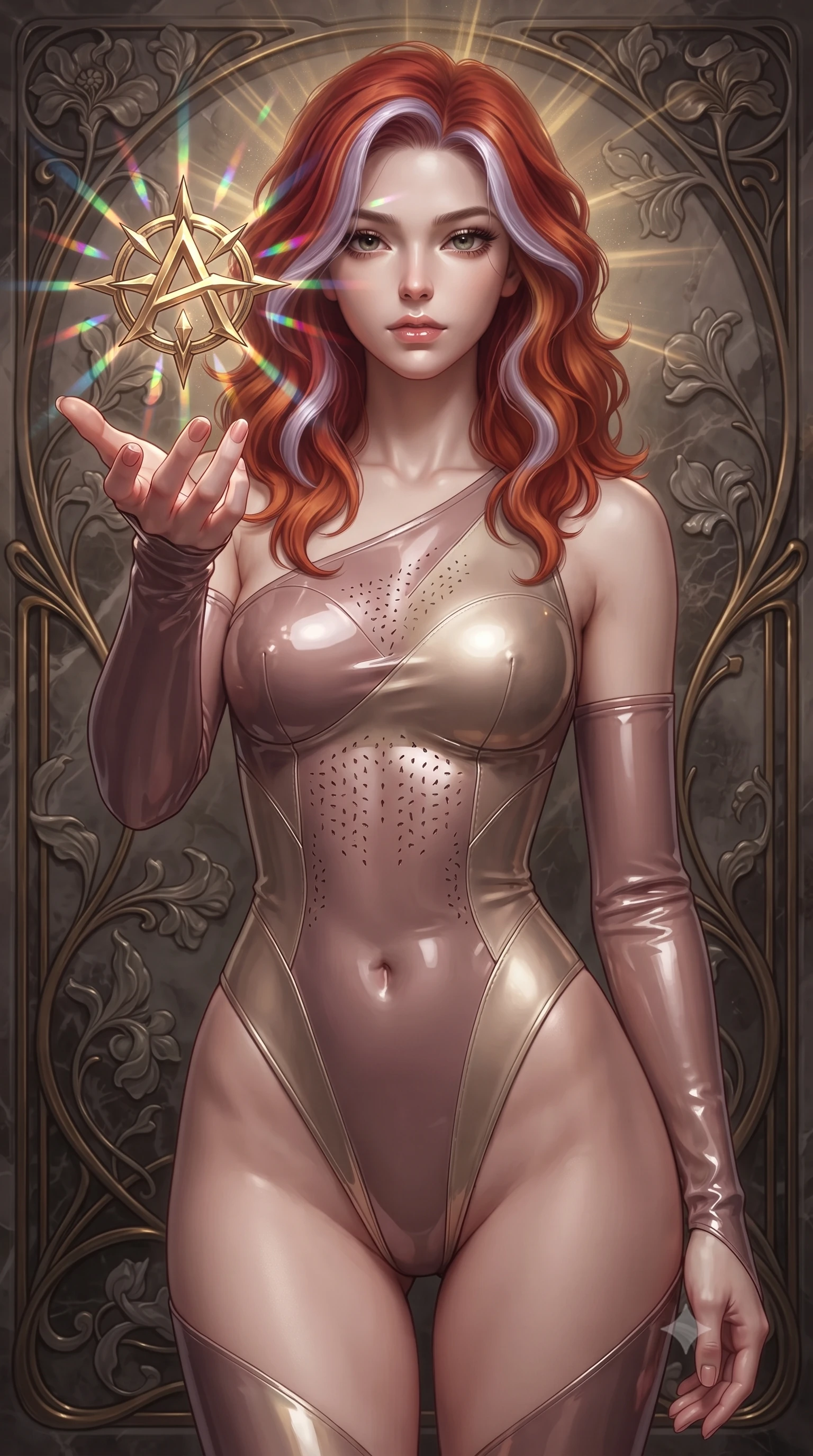 score_9, masterpiece, best quality, ultra-detailed, high-budget anime keyframe, editorial fashion photography, tasteful artistic composition, Caucasian woman. close-up cowboy shot from the waist and thighs up, the character dominates the composition, filling the frame with her large presence, background elements kept in soft focus. Reaching one hand gracefully toward the viewer with effortless superiority and allure touching a floating golden icon surrounded by kaleidoscope light rays, intricate floral Art Nouveau motifs decorating the surrounding stone. She has an exceptionally elegant, slender, and willowy female figure with an ultra-slim waist, a gracefully sculpted slender torso, and a refined silhouette. sharp v-shaped jawline, high-bridge nose, intricate jewel-like eyes with depth, thick eyelashes, glossy lips with a natural sheen. wearing an asymmetrical high-cut tech-bodysuit with detached sleeves in dusty rose and champagne gold, tailored from high-gloss patent leather, featuring subtle geometric cutouts that highlight her ultra-slim midriff, the form-contouring material highlighting her ultra-slim waist and long lines. surrounded by a glowing divine aura of sunbeams and incense radiance. ultra-reflective glossy finish, specular highlights, metallic sheen, high-contrast stereoscopic depth, volumetric dynamic lighting, 2k, ultra detail, master piece, 9:16 ratio