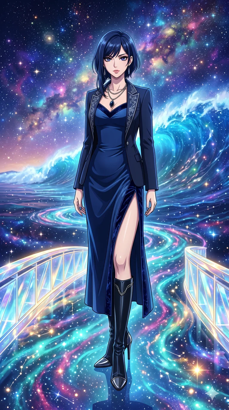 score_9, masterpiece, best quality, ultra-detailed, High-budget Anime Keyframe, beautiful Japanese anime girl. Low angle cowboy shot filling the entire 9:16 frame with her statuesque presence. Standing on a bridge of light over a river of liquid starlight in a cosmic dimension. She has an absolutely perfect 8-heads proportion, an exceptionally tall and slender female figure with impossibly long slender legs and an ultra-slim waist. Sharp v-shaped jawline, high-bridge nose, intricate jewel-like eyes with depth, thick eyelashes, glossy lips with a natural sheen. Wearing a High-Fashion Editorial outfit: midnight blue slip dress with a dangerously high side slit and velvet detail. Background is a bright and colorful starry sea with a glowing blue wave and nebula sky. 2k, ultra detail, master piece, 9:16 ratio