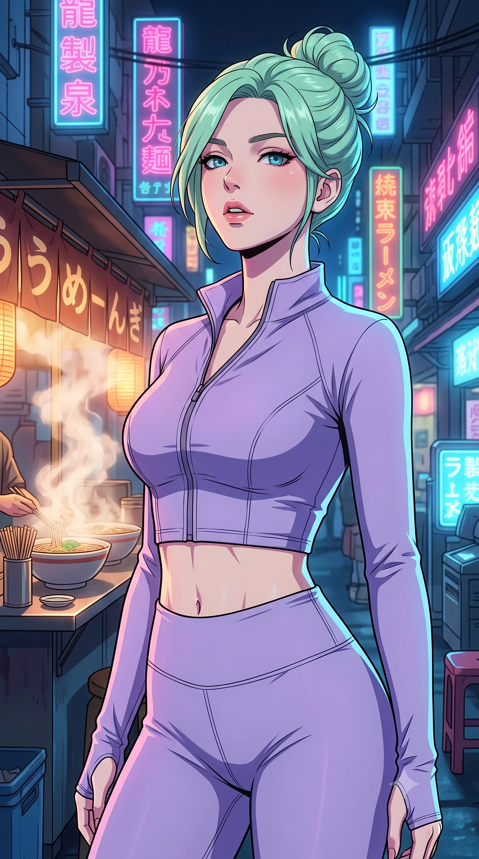 score_9, masterpiece, best quality, ultra-detailed, high-budget anime keyframe, tasteful artistic composition, Japanese woman. close-up cowboy shot from the waist and thighs up, the character dominates the composition, filling the frame with her large presence, background elements kept in soft focus. tilting her chin up slightly with lips parted in a composed, provocative expression the background shows a soft-focus a cyber-noir street market with steaming noodle stalls and neon signage. She has an exceptionally elegant, slender, and willowy female figure with an ultra-slim waist, a gracefully sculpted slender torso, and a refined silhouette. sharp v-shaped jawline, high-bridge nose, intricate jewel-like eyes with depth, thick eyelashes, glossy lips with a natural sheen. wearing a tailored body-hugging activewear set of a tailored zip-up long-sleeve crop top and matching high-waisted leggings in soft lavender. dappled warm steam glow contrasting with cool blue shadow lighting. highly saturated vibrant anime colors, cel-shading, 2d style, master piece, 9:16 ratio