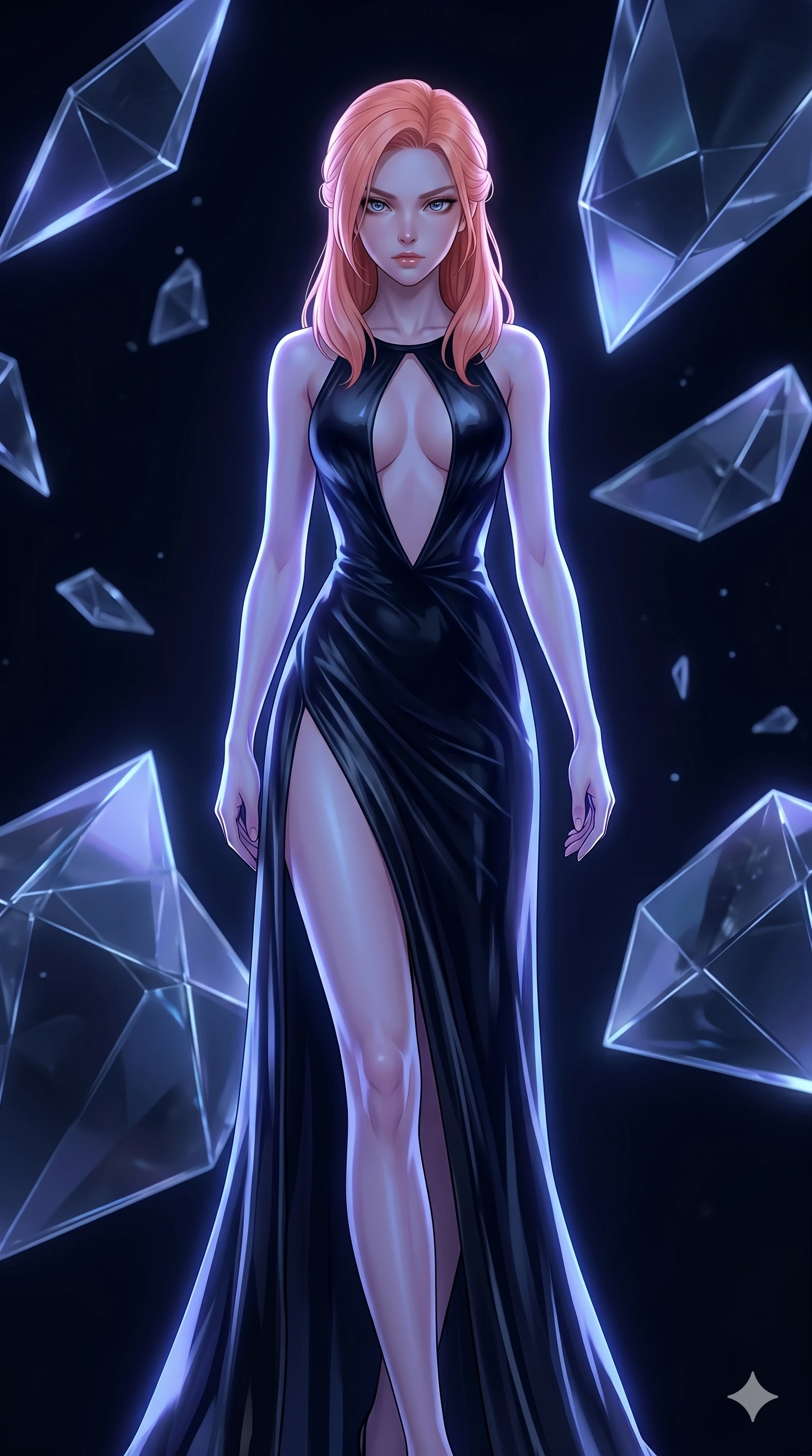 score_9, masterpiece, best quality, ultra-detailed, high-budget anime keyframe, editorial fashion photography, tasteful artistic composition, Japanese woman. cowboy shot from the thighs up, character and outfit filling the frame for maximum editorial presence. Leaning slightly forward toward the viewer, her gaze intense and capturing attention within a digital void where giant geometric shards of glass float in slow motion. She has an absolutely perfect 8-heads proportion, an exceptionally tall and slender female figure with impossibly long slender legs and an ultra-slim waist. V-shaped jawline, high-bridge nose, intricate jewel-like eyes with depth, thick eyelashes, glossy lips with a natural sheen. wearing a floor-length gown in liquid obsidian fabric featuring a high slit and a bold keyhole cutout at the chest. bathed in a cool, ethereal blue-violet bioluminescent glow that highlights her form from all sides. 2k, ultra detail, master piece, 9:16 ratio