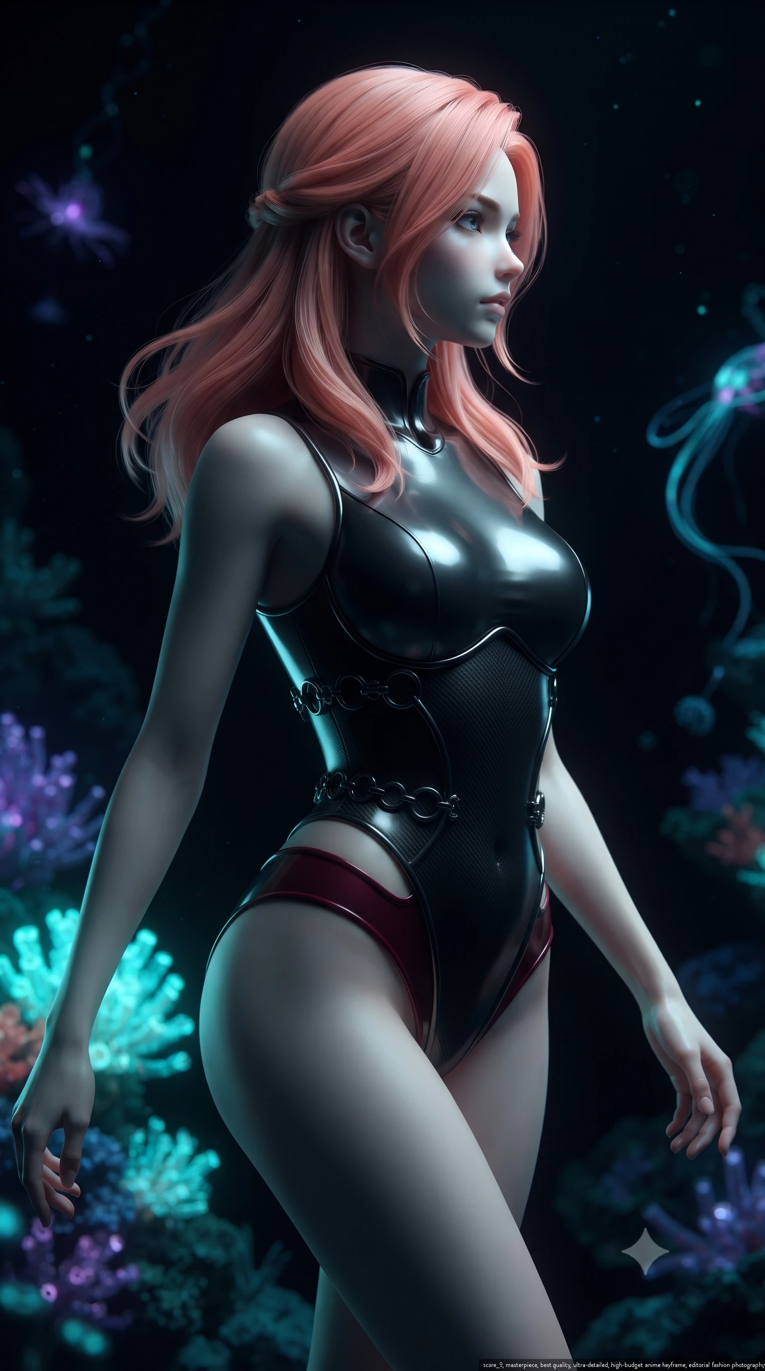score_9, masterpiece, best quality, ultra-detailed, high-budget anime keyframe, editorial fashion photography, tasteful artistic composition, Japanese woman. close-up cowboy shot from the waist and thighs up, the character dominates the composition, filling the frame with her large presence, background elements kept in soft focus. Turning her face in sharp dramatic profile against the moody key light, floating through a pitch-black abyssal underwater trench filled with bioluminescent coral, fluid movement of her dark outfit trailing in deep ocean currents. She has an exceptionally elegant, slender, and willowy female figure with an ultra-slim waist, a gracefully sculpted slender torso, and a refined silhouette. sharp v-shaped jawline, high-bridge nose, intricate jewel-like eyes with depth, thick eyelashes, glossy lips with a natural sheen. wearing sculpted structured cup bodysuit in matte black carbon-fiber with hip cutouts in deep crimson burgundy, made of liquid dark mercury jersey, trimmed with dark chrome ring hardware along the waist contours, accentuating her gracefully sculpted slender torso. illuminated by bioluminescent teal and violet deep-sea light against dark ocean void. ultra-reflective glossy finish, specular highlights, metallic sheen, high-contrast stereoscopic depth, volumetric dynamic lighting, 2k, ultra detail, master piece, 9:16 ratio