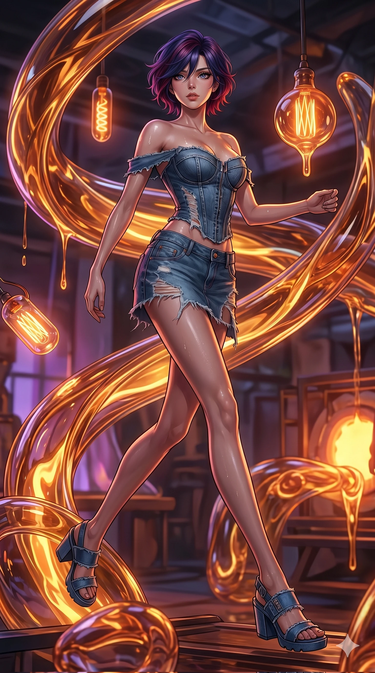 score_9, masterpiece, best quality, ultra-detailed, high-budget anime keyframe, Caucasian woman, strictly human ears. low angle full-body shot filling the entire 9:16 frame with her statuesque presence, stretching the vertical silhouette. bounding through a molten glass art studio where twisting, glowing amber glass tubes rotate like fluid rivers in a heated environment. She has an absolutely perfect 8-heads proportion, an exceptionally tall and slender female figure with impossibly long slender legs and an ultra-slim waist. V-shaped jawline, high-bridge nose, intricate jewel-like eyes with depth, thick eyelashes, glossy lips with a natural sheen.. wearing a deconstructed denim corset and an asymmetric ripped denim micro-skirt, showcasing a rugged yet chic off-shoulder style. accented by dynamic color-blocked lighting with high-contrast shadows emphasizing her statuesque height. 2k, ultra detail, master piece, 9:16 ratio
