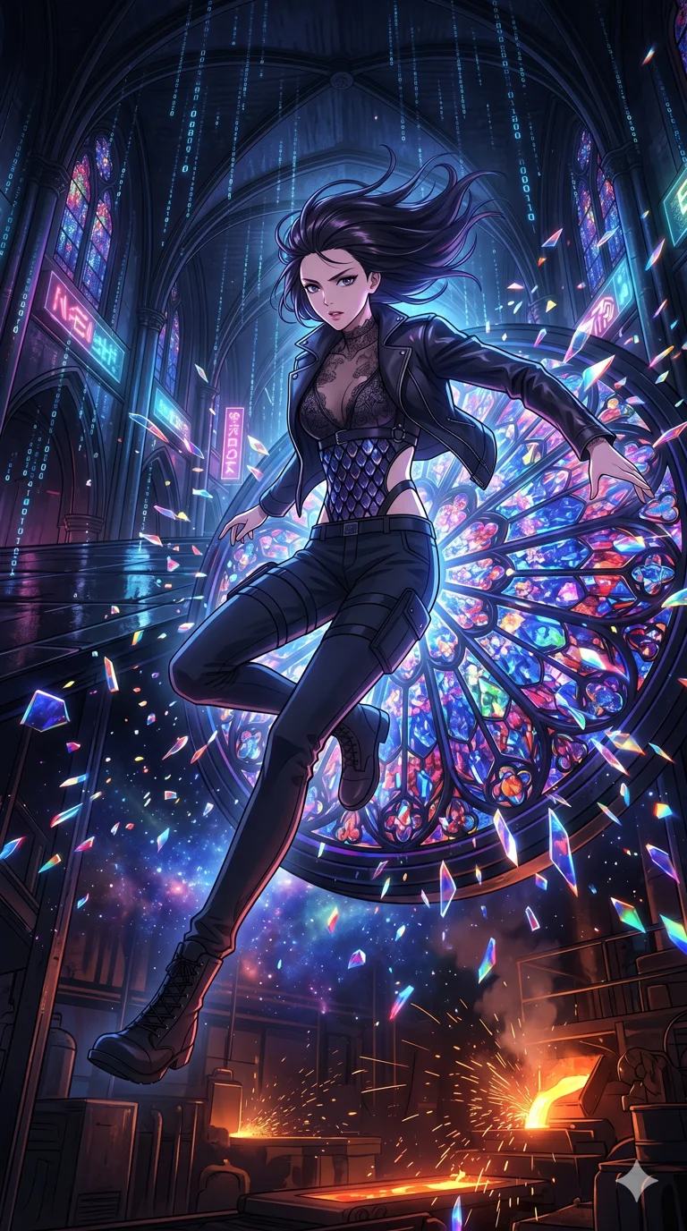 score_9, masterpiece, best quality, ultra-detailed, High-budget Anime Keyframe, vibrant colors, fluid line-art, expressive lighting, cinematic composition, Ufotable-style visual effects, top-tier animation quality, Japanese woman with delicate and elegant anime-inspired features. Dramatic low angle looking up at her majestic stature, dominating the vertical space of the composition. Leaping through the shattered stained glass of a neon-lit futuristic cathedral, her body caught in mid-air as prismatic light fragments explode around her and digital rain falls from the vaulted ceiling. She has an absolutely perfect 8-heads proportion, an exceptionally tall and slender female figure with impossibly long slender legs and an ultra-slim waist, her statuesque height and towering silhouette dominating the vertical 9:16 frame. Her face is a masterpiece featuring a sharp v-shaped jawline, high-bridge nose, intricate jewel-like eyes with depth, thick eyelashes, and glossy lips with a natural sheen. She is wearing a Unzipped deeply leather jacket over a delicate sheer lace bra and a high-waisted harness crafted from Obsidian-glass scales that shimmer with a dark, crystalline brilliance, featuring strategic side cut-outs that emphasize her ultra-slim waist and hips. The scene is set in a gritty industrial factory with glowing molten metal, flying sparks, and deep shadows, illuminated by flickering starlight and nebula glow providing a mystical and vast ambiance. 2k, ultra detail, master piece, 9:16 ratio