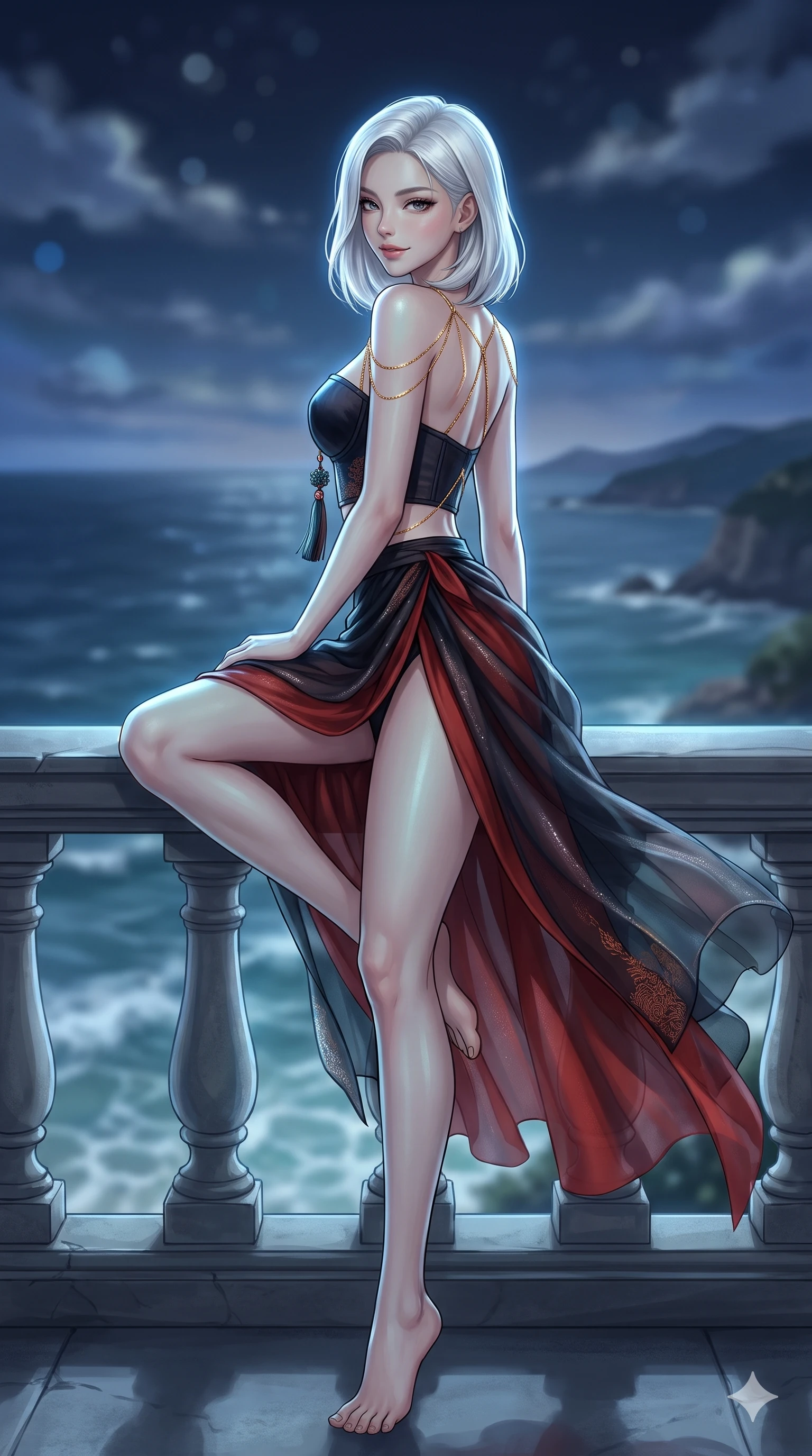 score_9, masterpiece, best quality, ultra-detailed, high-budget anime keyframe, editorial fashion photography, tasteful artistic composition, Korean woman. low angle full-body shot from head to toe showing her feet, filling the entire 9:16 vertical frame with her statuesque presence, stretching her vertical silhouette. walking along the waterfront terrace with poise, looking back over her bare shoulder with an irresistible smoldering bedroom-gaze while perched sideways on the balcony balustrade, one knee drawn up to showcase her slender leg line while her arched back accentuates her feminine curves. The background shows a soft-focus churning ocean waters hundreds of feet below, distant coastal headlands, and night clouds blurred into sapphire, silver, and obsidian bokeh. She has an absolutely perfect, statuesque 8.5-heads proportion, an exceptionally tall and slender model-like female figure with impossibly long slender legs, an ultra-slim waist, a flat toned midriff, narrow delicate ribcage, and beautifully sculpted feminine hips creating a graceful, slim hourglass silhouette without any bulky heaviness. sharp v-shaped jawline, high-bridge nose, sparkling eyes with hypnotic seductive depth, thick curled eyelashes, glossy parted lips with a natural dewy peach sheen, alluring bedroom-eyes with an enchanting coquettish smile, exuding magnetic siren charisma and sophisticated glamour, flawlessly proportioned anatomical accuracy, strict slender model proportions, natural body alignment, perfectly sculpted long slender limbs, ultra-slim waistline, clean dynamic posture without body distortion. wearing a structured underwire silk bustier top with norigae accents paired with a high-cut draped sarong mini wrap in midnight obsidian black and rich cinnabar red, crafted from delicate semi-sheer Korean gossamer organza with subtle pearlescent glints, accented with a gold body chain harness subtly framing her dewy collarbones and spine, the high-slit wrap tailoring accentuating her ultra-slim waistline and the enchanting curve of her feminine hips with alluring seductive charm. illuminated by seafoam bounce and sharp platinum-azure rim lights defining her razor-sharp jawline, narrow waist, and curvy hips. ultra-reflective glossy finish, specular highlights, rich textural contrasts, high-contrast stereoscopic depth, volumetric dynamic lighting, 2k, ultra detail, master piece, 9:16 ratio