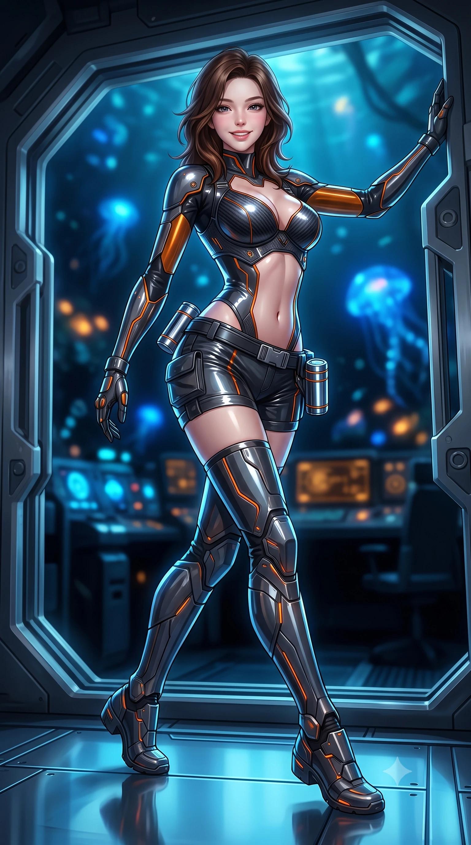 score_9, masterpiece, best quality, ultra-detailed, high-budget anime keyframe, semi-realistic 3D game render, editorial fashion photography, tasteful artistic composition, Korean woman. low angle full-body shot from head to toe showing her feet, filling the entire 9:16 vertical frame with her statuesque presence, stretching her vertical silhouette. striding forward gracefully across the reflective metal deck in mid-motion with a radiant beaming smile, hips swaying in an alluring kinetic rhythm that accentuates her curvy hourglass silhouette and long slender legs while leaning against the reinforced titanium viewing bulkhead with hips cocked back, casting an alluring bedroom-gaze through dark ocean currents. The background shows a soft-focus pitch-black oceanic trench waters illuminated by pulsating sapphire and amber deep-sea creature lights blurred into cobalt, cyan, and black bokeh. She has an absolutely perfect, statuesque 8.5-heads proportion, an exceptionally tall and slender model-like female figure with impossibly long slender legs, an ultra-slim waist, a flat toned midriff, narrow delicate ribcage, and beautifully sculpted feminine hips creating a graceful, slim hourglass silhouette without any bulky heaviness. sharp v-shaped jawline, high-bridge nose, intricate jewel-like sparkling eyes with depth, thick eyelashes, glossy parted lips with a natural sheen, bright confident smile with an enchanting and coquettish sensual glint, exuding both youthful magnetic charm and sovereign high-tech allure, flawlessly proportioned anatomical accuracy, strict slender model proportions, natural body alignment, perfectly sculpted long slender limbs, ultra-slim waistline, clean dynamic posture without body distortion. wearing a sculpted carbon-fiber bustier armor top paired with ultra-tight tactical cargo shorts and thigh-high armored boots in stealth charcoal slate and molten laser orange, tailored from ultra-reflective glossy liquid vinyl with mirror-like specular highlights, accented with a sleek utility belt with polished magnetic canisters resting loosely on her curvy hips, the form-contouring cut accentuating her sculpted flat midriff, narrow delicate ribcage, and gracefully curvy hips with cybernetic supermodel precision. bathed in eerie deep-sea sapphire bioluminescence and warm interior instrument glow. highly saturated vibrant anime colors, detailed shading with soft gradients, rich glossy textures, high-contrast stereoscopic depth, volumetric dynamic lighting, master piece, 9:16 ratio