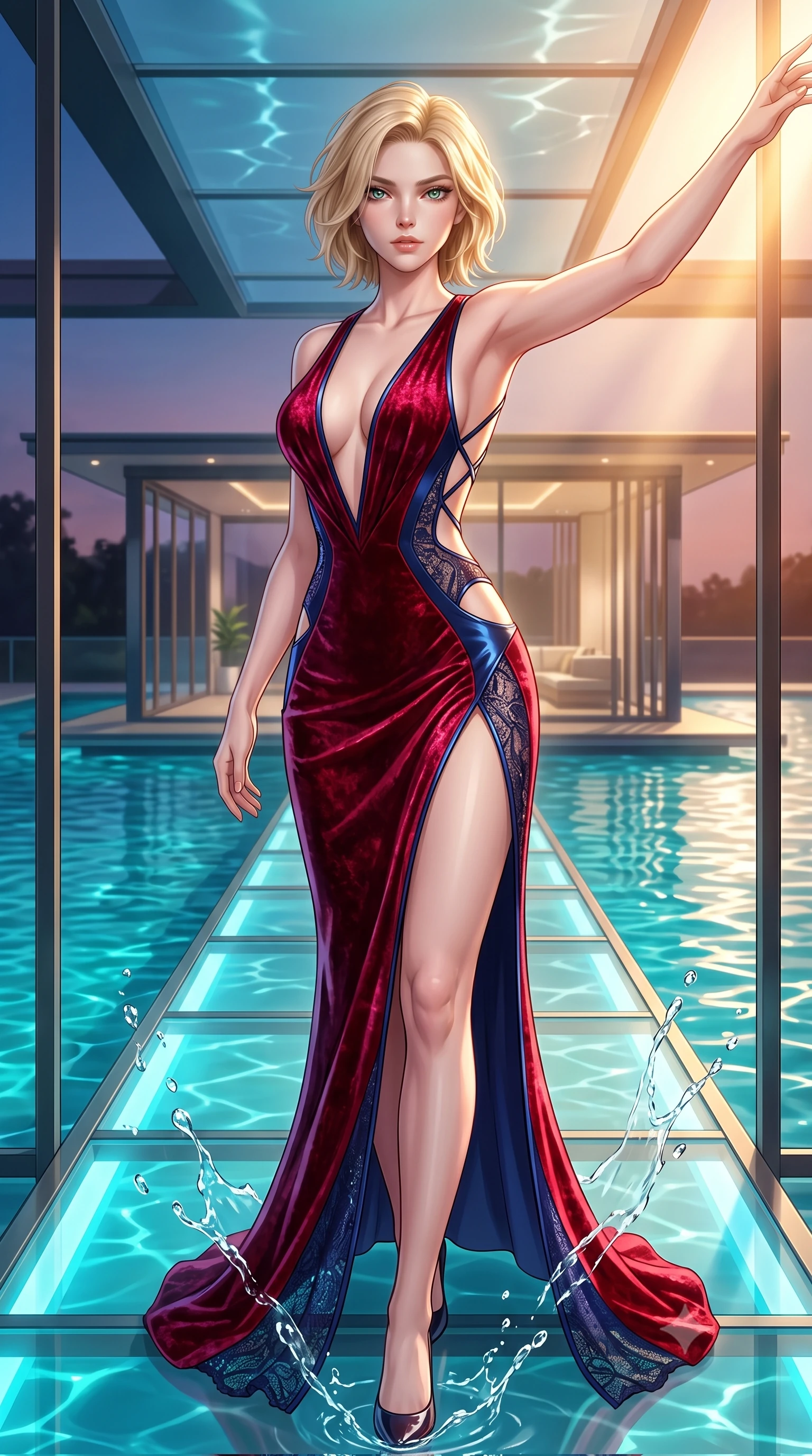 score_9, masterpiece, best quality, ultra-detailed, high-budget anime keyframe, semi-realistic 3D game render, editorial fashion photography, tasteful artistic composition, Caucasian woman. close-up cowboy shot from the waist and thighs up, the character dominates the composition, filling the frame with her large presence. extending one arm gracefully toward the light while her torso arches in a sleek, alluring curve with magnetic intensity while stepping along a glowing glass runway elevated above a shimmering turquoise waterway in a modern pavilion. The surrounding environment is rendered in vivid detail and crisp panoramic clarity. sharp water droplet splashes, architectural framing lines, and sunlit water reflections in high clarity. She has an exceptionally elegant, slender, and willowy female figure with an ultra-slim waist, a gracefully sculpted slender torso, toned flat midriff, and a refined slim silhouette. sharp v-shaped jawline, high-bridge nose, intricate jewel-like eyes with depth, thick eyelashes, glossy lips with a natural sheen, flawlessly proportioned anatomical accuracy, strict slender model proportions, natural body alignment, perfectly sculpted long slender limbs, ultra-slim waistline, clean dynamic posture without body distortion. wearing a backless crimson crushed velvet gown with a deep plunging V-neckline, strategic hip cutouts, and an ultra-high thigh slit in deep royal navy blue and specular chrome, crafted from delicate dark lace interwoven with luminescent micro-fibers, complemented by criss-cross back straps highlighting her completely bare spine, the form-contouring material adhering flawlessly to her sculpted flat midriff and slender torso, emphasizing her long leg lines and perfectly proportioned willowy build. surrounded by an opulent, luminous, and enchantingly seductive contemporary pavilion ambiance. highly saturated vibrant anime colors, detailed shading with soft gradients, rich glossy textures, high-contrast stereoscopic depth, volumetric dynamic lighting, master piece, 9:16 ratio
