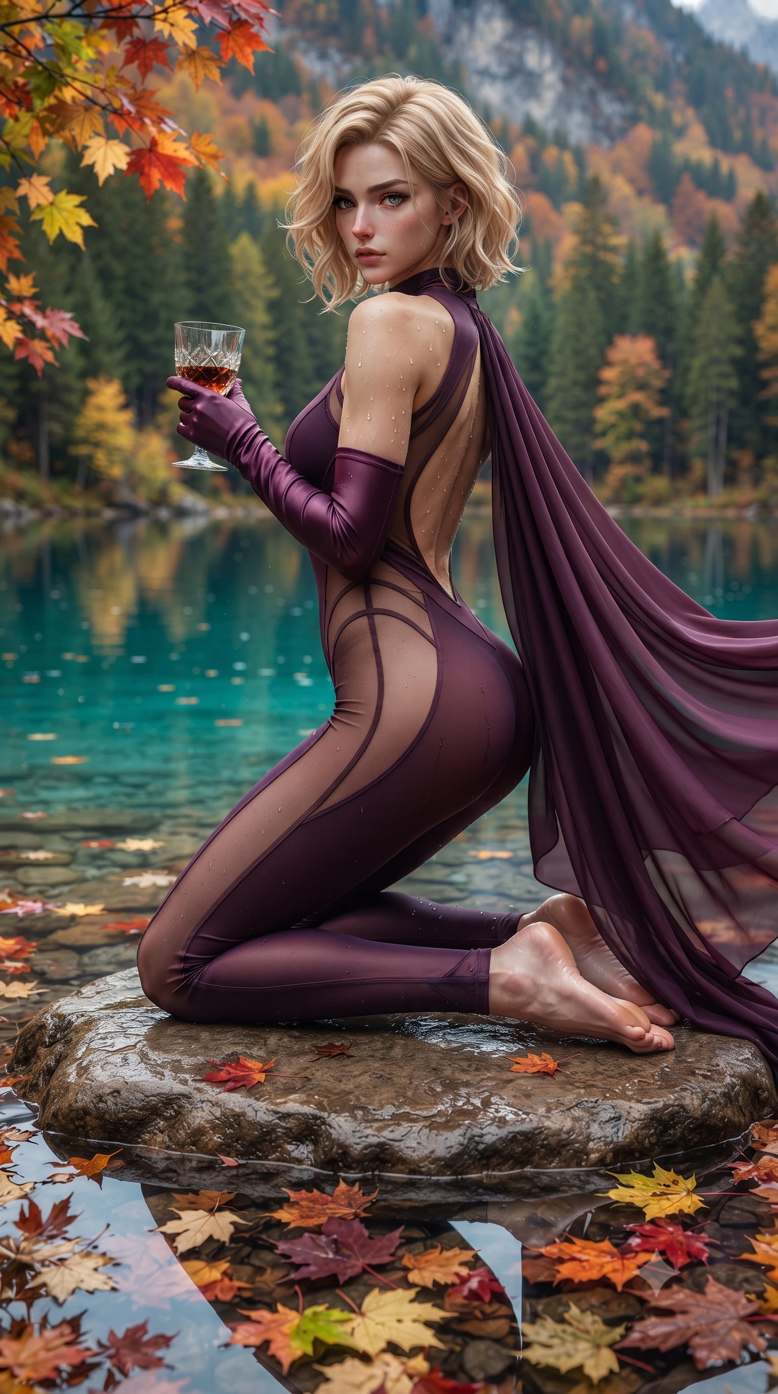 score_9, masterpiece, best quality, ultra-detailed, high-budget anime keyframe, editorial fashion photography, tasteful artistic composition, Caucasian woman. low angle full-body shot from head to toe showing her feet, filling the entire 9:16 vertical frame with her statuesque presence, stretching her vertical silhouette. posing with back turned slightly to the lens, glancing back with smoldering allure as she arches her lower back to emphasize her sculpted feminine hips and slender waist while kneeling gracefully at the water's edge on a flat river boulder, her long slender legs and curvy hips framed by vibrant autumn maple reflections. The surrounding environment is rendered in vivid detail and crisp panoramic clarity. detailed silk dress weave, dewdrop moisture on skin, and mountain reflection clarity in high resolution. She has an exceptionally tall and slender model-like 8.5-heads proportion, an ultra-slim waist, a flat toned midriff, narrow delicate ribcage, and beautifully sculpted feminine hips creating a graceful, slim hourglass silhouette without any bulky heaviness, with impossibly long slender legs. sharp v-shaped jawline, high-bridge nose, intricate jewel-like eyes with depth, thick eyelashes, glossy parted lips with a natural sheen, intensely captivating and seductive bedroom-eyes expression, flawlessly proportioned anatomical accuracy, strict slender model proportions, natural body alignment, perfectly sculpted long slender limbs, ultra-slim waistline, clean dynamic posture without body distortion. wearing a second-skin compression catsuit with an open back and sheer mesh side waist contouring in deep plum violet and antique bronze, woven from layered gossamer chiffon with a weightless sweeping drape, accessorized with opera-length satin gloves and a vintage crystal glass, the second-skin form-contouring cut accentuating her sculpted flat midriff, narrow delicate ribcage, and gracefully curvy hips with supermodel precision. illuminated by luminous turquoise lake surface reflections accentuating her sculpted midriff, narrow waist, and curvy hips. ultra-reflective glossy finish, specular highlights, rich textural contrasts, high-contrast stereoscopic depth, volumetric dynamic lighting, 2k, ultra detail, master piece, 9:16 ratio