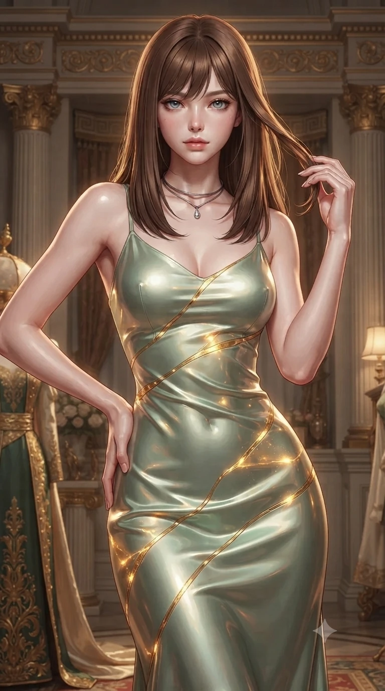 score_9, masterpiece, best quality, ultra-detailed, high-budget anime keyframe, editorial fashion photography, tasteful artistic composition, Korean woman. close-up cowboy shot from the waist and thighs up, the character dominates the composition, filling the frame with her large presence. twisting her slender torso in an alluring contrapposto stance, one hand resting on her sculpted hip while her fingers toy with her hair with effortless poise while twisting her slender torso in an alluring contrapposto stance, shimmering golden kintsugi ribbons casting radiant reflections across her narrow waist and curvy hips. The surrounding environment is rendered in vivid detail and crisp panoramic clarity: detailed haute-couture tailoring, gold-leaf embroidery accents, and sacred neoclassical architecture in razor-sharp precision. She has an exceptionally elegant, slender, and willowy female figure with an ultra-slim waist, flat toned midriff, narrow ribcage, and sculpted feminine hips creating an alluring, slim hourglass silhouette without bulk. sharp v-shaped jawline, high-bridge nose, intricate jewel-like sparkling eyes with depth, thick eyelashes, glossy parted lips with a natural peach sheen, bright cheerful beaming smile with an enchanting and coquettish sensual glint, exuding both youthful cute charm and seductive allure, flawlessly proportioned anatomical accuracy, strict slender model proportions, natural body alignment, perfectly sculpted long slender limbs, ultra-slim waistline, clean dynamic posture without body distortion. wearing a sculpted liquid satin bias-cut slip dress tailored with contouring seams that adhere flawlessly over her curves in celadon jade and antique gold-leaf, tailored from high-gloss patent leather with mirror-like specular highlights, finished with a minimalist chrome choker and a single teardrop diamond pendant, the glove-like clinging cut tightly following the natural contour of her hips and long slender legs with youthful 8.5-heads elegance. bathed in the majestic warm 2600K inner radiance of golden kintsugi veins mixed with soft ambient temple lantern light. ultra-reflective glossy finish, specular highlights, rich textural contrasts, high-contrast stereoscopic depth, volumetric dynamic lighting, 2k, ultra detail, master piece, 9:16 ratio
