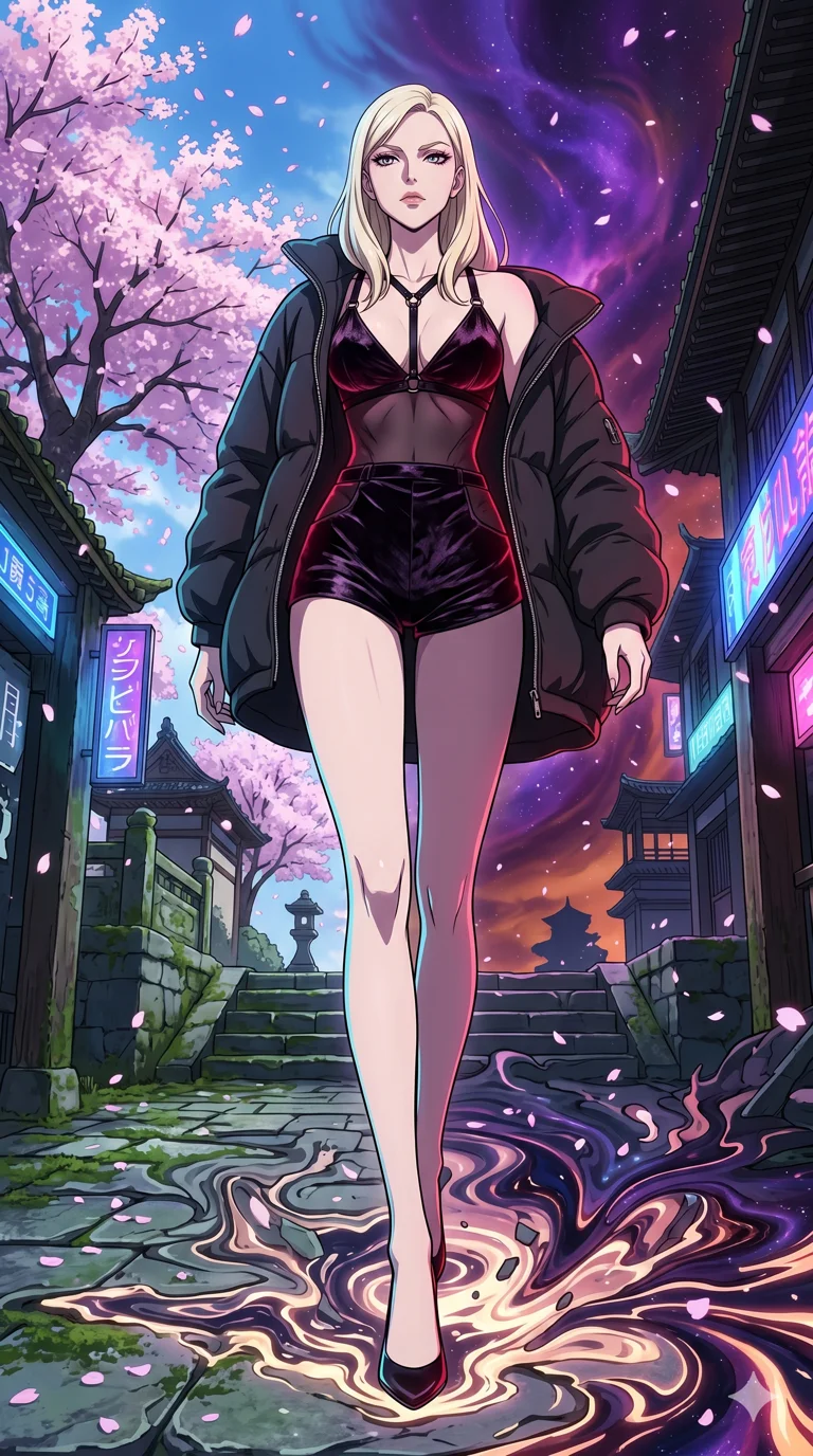 score_9, masterpiece, best quality, ultra-detailed, High-budget Anime Keyframe, vibrant colors, fluid line-art, expressive lighting, cinematic composition, Ufotable-style visual effects, top-tier animation quality, Caucasian woman with pale skin, blonde hair, and (strictly human ears). Dynamic full-body shot stretching the vertical silhouette, capturing her from a powerful low-angle perspective. Warping the very fabric of reality around her as she walks, the ground turning into liquid and the sky changing colors. She has an absolutely perfect 8-heads proportion, an exceptionally tall and slender female figure with impossibly long slender legs and an ultra-slim waist, her statuesque height and towering silhouette dominating the vertical 9:16 frame. Her face is a masterpiece featuring a sharp v-shaped jawline, high-bridge nose, intricate jewel-like eyes with depth, thick eyelashes, and glossy lips with a natural sheen. She is wearing a Oversized puffer jacket worn over a micro-shorts and harness set, unzipped to reveal her chest crafted from Crushed dark velvet with a deep, rich texture that absorbs light and glows at the edges, with sheer fabric transparency over her delicate curves and a high-cut silhouette. The scene is set in an ancient floating island with pink cherry blossoms falling like snow against a blue sky, illuminated by harsh neon light and deep shadows creating a high-contrast noir aesthetic. 2k, ultra detail, master piece, 9:16 ratio