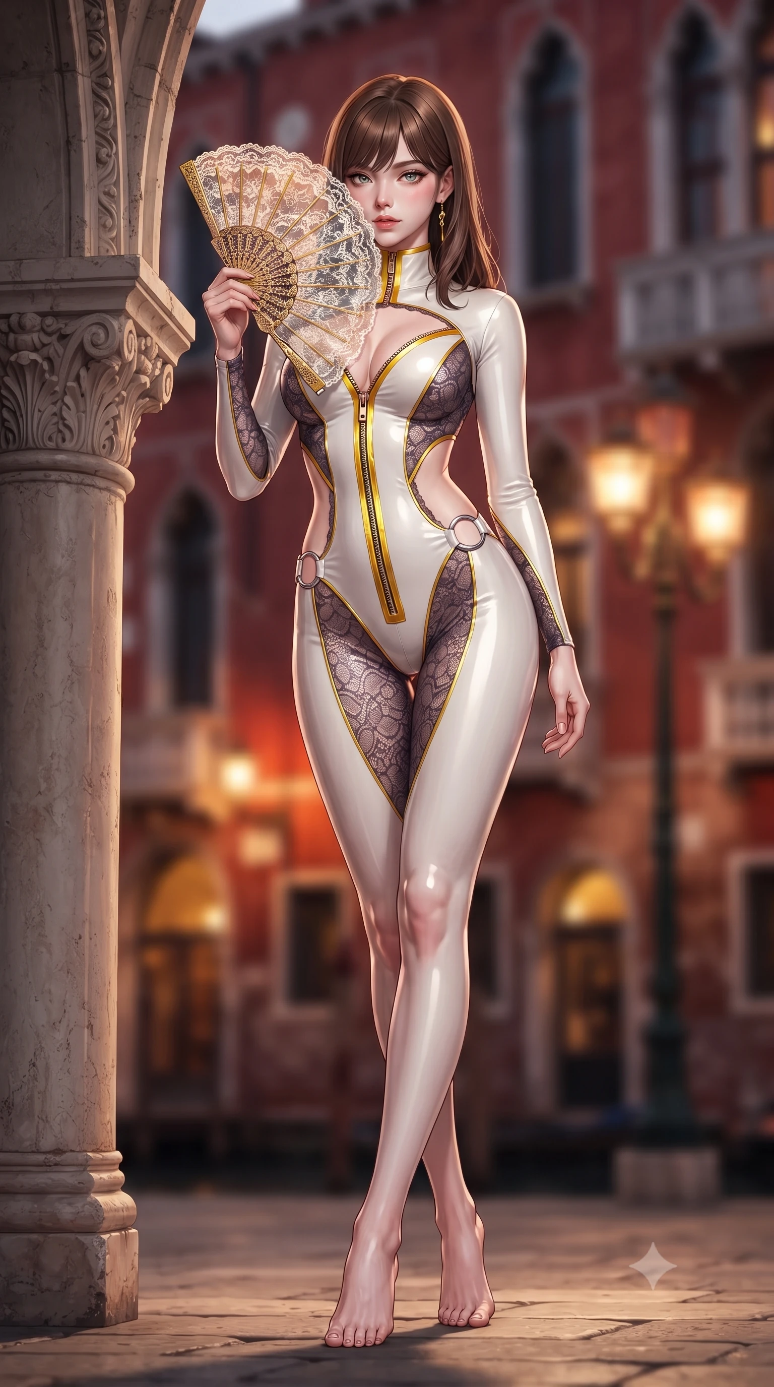 score_9, masterpiece, best quality, ultra-detailed, high-budget anime keyframe, editorial fashion photography, tasteful artistic composition, Korean woman. low angle full-body shot from head to toe showing her feet, filling the entire 9:16 vertical frame with her statuesque presence, stretching her vertical silhouette. striding forward in a proud, statuesque motion with a dangerous smolder, her vertical silhouette dominating the frame from head to toe while leaning against a carved stone palazzo arch with an alluring, bedroom-eyed glance over an ornate carnival fan. The composition keeps background elements in soft focus with creamy bokeh. historic Venetian palazzo facades and glowing canal lanterns blurred into rich crimson, amber, and gold bokeh. She has an absolutely perfect, statuesque 8.5-heads proportion, an exceptionally tall and slender model-like female figure with impossibly long slender legs, a toned flat midriff, and an ultra-slim waist. sharp v-shaped jawline, high-bridge nose, intricate jewel-like eyes with depth, thick eyelashes, glossy lips with a natural sheen, flawlessly proportioned anatomical accuracy, strict slender model proportions, natural body alignment, perfectly sculpted long slender limbs, ultra-slim waistline, clean dynamic posture without body distortion. wearing a glossy white second-skin latex bodysuit with high-thigh cuts, exposed clavicle neckline, and gleaming zipper details in vibrant sunburst canary yellow and gold trim, crafted from delicate dark lace interwoven with luminescent micro-fibers, detailed with polished silver rings connecting the daring side-waist cutouts, the liquid-tight tailored fabric emphasizing every curve of her tall, slender model proportions and sculptured silhouette during dynamic movement. surrounded by an opulent, mysterious, and intensely seductive Venetian aristocracy aura. ultra-reflective glossy finish, specular highlights, metallic sheen, high-contrast stereoscopic depth, volumetric dynamic lighting, 2k, ultra detail, master piece, 9:16 ratio