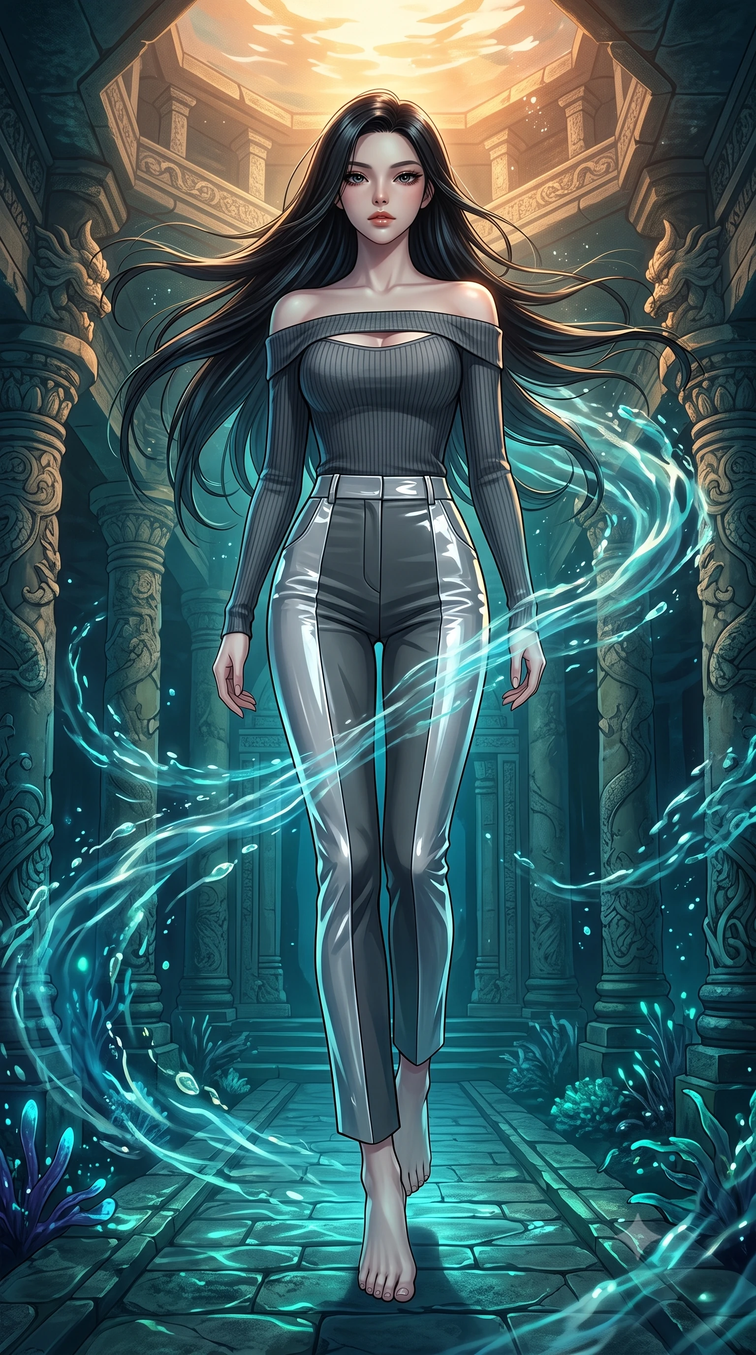score_9, masterpiece, best quality, ultra-detailed, high-budget anime keyframe, editorial fashion photography, tasteful artistic composition, Korean woman. low angle full-body shot from head to toe showing her feet, filling the entire 9:16 vertical frame with her statuesque presence, stretching her vertical silhouette. stepping forward in a proud dynamic stride, her vertical silhouette filling the frame with statuesque presence while floating underwater in a dynamic mid-air spin inside a sunken dragon temple, swirling ocean currents casting fluid motion patterns across her form. She has an absolutely perfect, statuesque 8.5-heads proportion, an exceptionally tall and slender model-like female figure with impossibly long slender legs and an ultra-slim waist. sharp v-shaped jawline, high-bridge nose, intricate jewel-like eyes with depth, thick eyelashes, glossy lips with a natural sheen, flawlessly proportioned anatomical accuracy, natural body alignment, perfectly sculpted elegant limbs, clean dynamic posture without body distortion. wearing a sleek off-shoulder ribbed knit top paired with high-waist tailored pants in charcoal grey and platinum, tailored from high-gloss patent leather, accented with a Tasteful chest slit framing her clavicle gracefully, the tailored fabric tightly following every curve of her athletic build. illuminated by deep sea bioluminescence and warm golden top lighting. highly saturated vibrant anime colors, detailed shading with soft gradients, rich glossy textures, high-contrast stereoscopic depth, volumetric dynamic lighting, master piece, 9:16 ratio