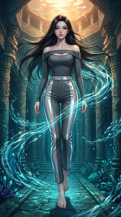 score_9, masterpiece, best quality, ultra-detailed, high-budget anime keyframe, editorial fashion photography, tasteful artistic composition, Korean woman. low angle full-body shot from head to toe showing her feet, filling the entire 9:16 vertical f