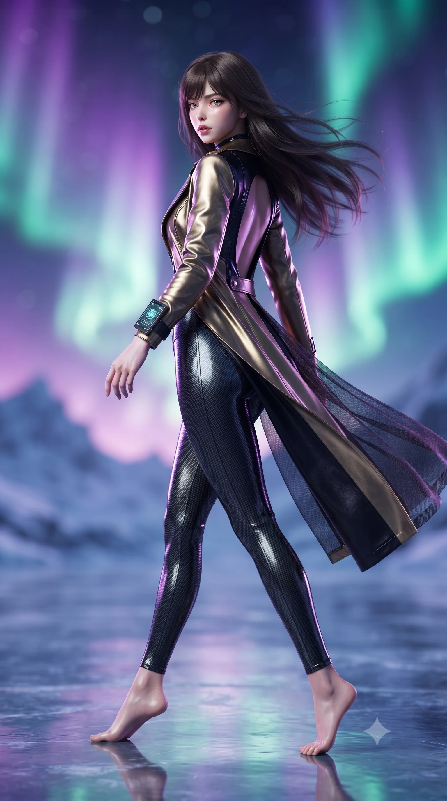 score_9, masterpiece, best quality, ultra-detailed, high-budget anime keyframe, editorial fashion photography, tasteful artistic composition, Korean woman. low angle full-body shot from head to toe showing her feet, filling the entire 9:16 vertical frame with her statuesque presence, stretching her vertical silhouette. posing with back turned slightly to the lens, glancing back with smoldering allure as she arches her lower back to emphasize her sculpted feminine hips and slender waist while striding across the reflective frozen stone temple floor, hips swaying in an alluring rhythm as gale-force winds whip her silk drapery. The composition keeps background elements in soft focus with creamy bokeh. swirling violet, emerald, and magenta aurora curtains and distant glacier peaks blurred into glowing amethyst, teal, and diamond bokeh. She has an absolutely perfect, statuesque 8.5-heads proportion, an exceptionally tall and slender model-like female figure with impossibly long slender legs, a toned flat midriff, an ultra-slim waist, and beautifully sculpted feminine hips. sharp v-shaped jawline, high-bridge nose, intricate jewel-like eyes with depth, thick eyelashes, glossy parted lips with a natural sheen, intensely captivating and seductive bedroom-eyes expression, flawlessly proportioned anatomical accuracy, strict slender model proportions, natural body alignment, perfectly sculpted long slender limbs, ultra-slim waistline, clean dynamic posture without body distortion. wearing a second-skin dark carbon-weave infiltration catsuit paired with a tailored long leather trench coat in metallic liquid gold and obsidian black, made of breathable technical athletic mesh and liquid-finish track nylon, equipped with a wrist-mounted miniature holographic display terminal, the precision-cut side openings and low-back scoop framing her graceful spine and the sensual sweep of her hips. bathed in vibrant emerald and violet aurora backlighting from the polar sky. ultra-reflective glossy finish, specular highlights, rich textural contrasts, high-contrast stereoscopic depth, volumetric dynamic lighting, 2k, ultra detail, master piece, 9:16 ratio