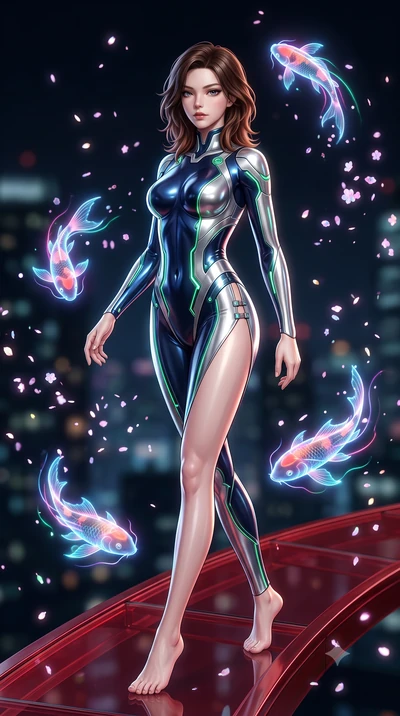 score_9, masterpiece, best quality, ultra-detailed, high-budget anime keyframe, semi-realistic 3D game render, editorial fashion photography, tasteful artistic composition, Korean woman. low angle full-body shot from head to toe showing her feet, fil