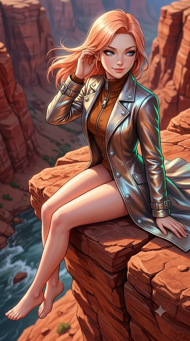 score_9, masterpiece, best quality, ultra-detailed, high-budget anime keyframe, semi-realistic 3D game render, editorial fashion photography, tasteful artistic composition, Japanese woman. close-up cowboy shot from the waist and thighs up, the character dominates the composition, filling the frame with her large presence. gently brushing a lock of windblown hair behind her ear while casting a playful, flirtatious side-gaze with long eyelashes while perched sideways on a Navajo sandstone ledge with legs extended over the abyss, looking back over a bare shoulder with an irresistible smoldering bedroom-gaze. The surrounding environment is rendered in vivid detail and crisp panoramic clarity: sharp red Navajo sandstone cross-bedding lines, river rapid water ripples below, and cliff edge fractures in deep focus. She has an exceptionally elegant, slender, and willowy female figure with an ultra-slim waist, flat toned midriff, narrow ribcage, and sculpted feminine hips creating an alluring, slim hourglass silhouette without bulk. sharp v-shaped jawline, high-bridge nose, sparkling eyes with hypnotic seductive depth, thick curled eyelashes, glossy parted lips with a natural dewy peach sheen, alluring bedroom-eyes with an enchanting coquettish smile, exuding magnetic siren charisma and sophisticated glamour, flawlessly proportioned anatomical accuracy, strict slender model proportions, natural body alignment, perfectly sculpted long slender limbs, ultra-slim waistline, clean dynamic posture without body distortion. wearing a tailored Western duster coat with silver concho buttons and structured lapels layered over a modest high-neck knit in rich cognac suede and antique silver concho hardware, crafted from luxurious metallic lamé that shifts radiance with every step, finished with sleek heavy-duty brass zip pulls and buckled moto straps, the bespoke structured tailoring following the natural line of her 8.5-heads silhouette with refined elegance. illuminated by red rock canyon bounce and sharp emerald-terracotta rim lights sculpting her razor-sharp jawline, narrow waist, and curvy hips. highly saturated vibrant anime colors, detailed shading with soft gradients, rich glossy textures, high-contrast stereoscopic depth, volumetric dynamic lighting, master piece, 9:16 ratio