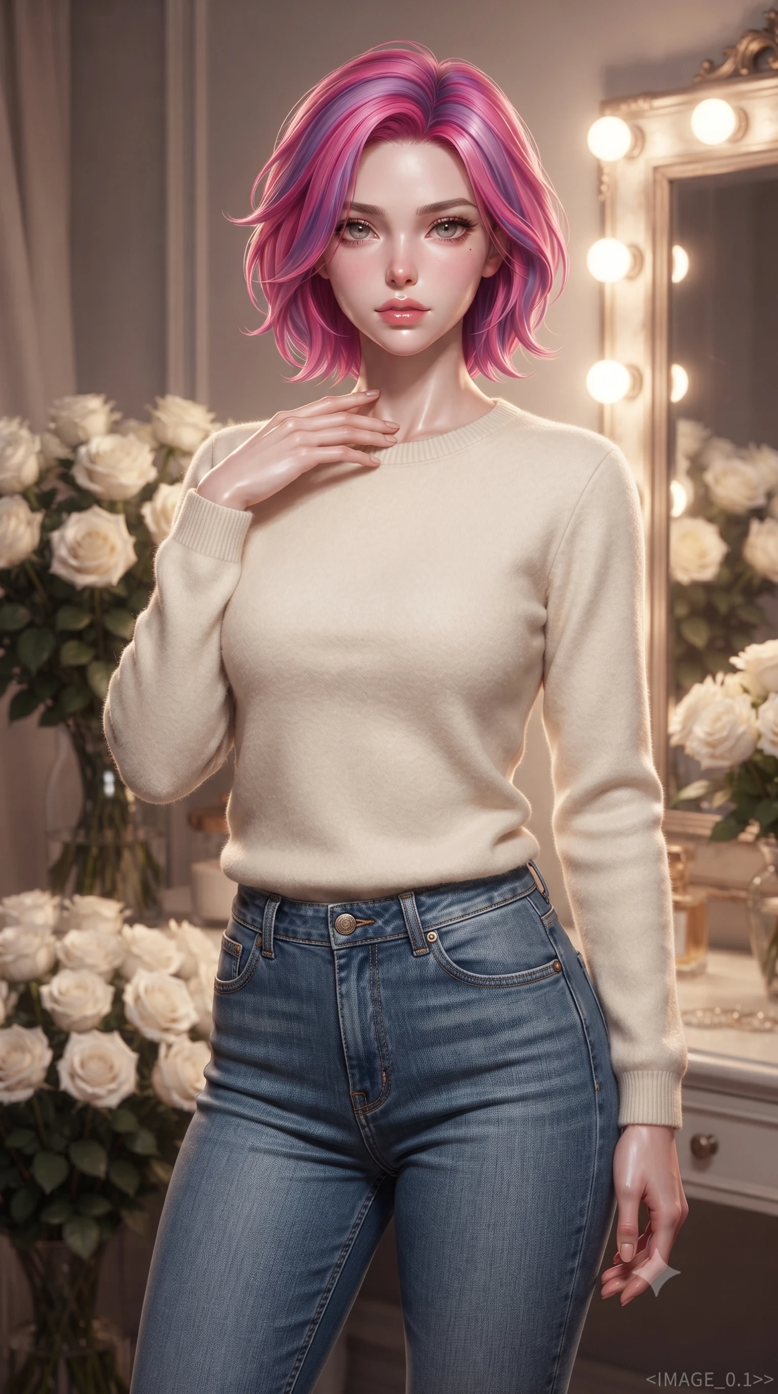 score_9, masterpiece, best quality, ultra-detailed, high-budget anime keyframe, editorial fashion photography, tasteful artistic composition, Caucasian woman. close-up cowboy shot from the waist and thighs up, the character dominates the composition, filling the frame with her large presence, background elements kept in soft focus. standing with one hand resting on her collarbone, looking at the viewer with bedroom-eyes the background shows a soft-focus the private dressing room of a lead soprano with bouquets of white roses. She has an exceptionally elegant, slender, and willowy female figure with an ultra-slim waist, a gracefully sculpted slender torso, and a refined silhouette. sharp v-shaped jawline, high-bridge nose, intricate jewel-like eyes with depth, thick eyelashes, glossy lips with a natural sheen. wearing a slim-fit comfortable cream fleece sweater over blue denim jeans. soft vanity lighting reflecting off the mirrors to create a glowing frame. ultra-reflective glossy finish, specular highlights, metallic sheen, high-contrast stereoscopic depth, volumetric dynamic lighting, 2k, ultra detail, master piece, 9:16 ratio