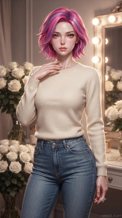score_9, masterpiece, best quality, ultra-detailed, high-budget anime keyframe, editorial fashion photography, tasteful artistic composition, Caucasian woman. close-up cowboy shot from the waist and thighs up, the character dominates the composition,