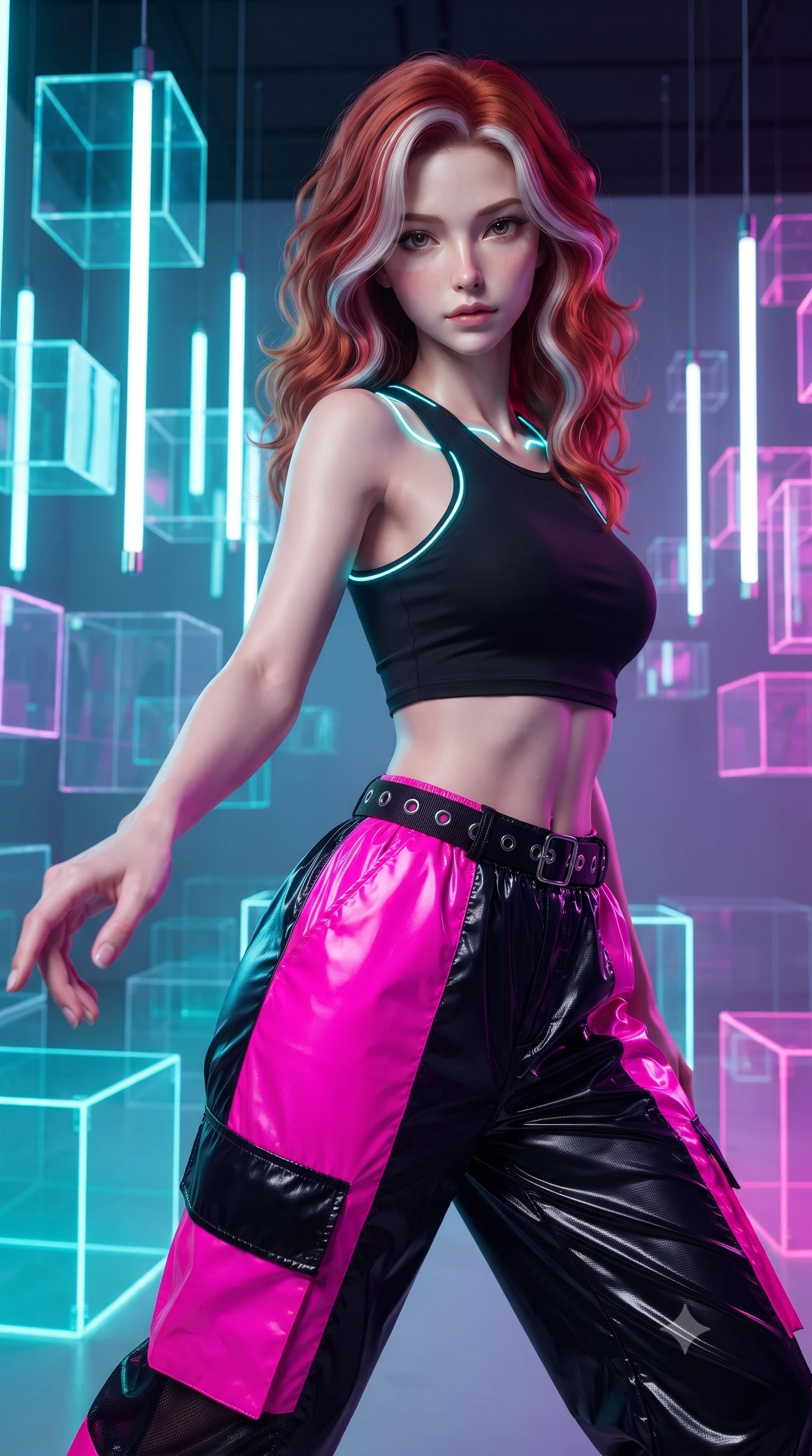 score_9, masterpiece, best quality, ultra-detailed, high-budget anime keyframe, editorial fashion photography, tasteful artistic composition, Caucasian woman. close-up cowboy shot from the waist and thighs up, the character dominates the composition, filling the frame with her large presence. extending one slender arm gracefully toward the foreground while casting an affectionate, mesmerizing glance while posing inside an avant-garde digital art gallery surrounded by glowing translucent acrylic cubes and suspended LED tubes. The surrounding environment is rendered in vivid detail and crisp panoramic clarity. ultra-modern minimalist gallery chiaroscuro and precision-engineered light art aesthetics in sharp focus. She has an exceptionally elegant, slender, and willowy female figure with an ultra-slim waist, a gracefully sculpted slender torso, toned flat midriff, and a refined slim silhouette. sharp v-shaped jawline, high-bridge nose, intricate jewel-like eyes with depth, thick eyelashes, glossy lips with a natural sheen, captivating and magnetic expression, flawlessly proportioned anatomical accuracy, strict slender model proportions, natural body alignment, perfectly sculpted long slender limbs, ultra-slim waistline, clean dynamic posture without body distortion. wearing a Y2K racerback crop tank paired with oversized two-tone nylon windbreaker pants and a grommet belt in matte pitch-black and vivid neon magenta, crafted from high-gloss metallic ripstop nylon and flexible carbon mesh, finished with glowing cyan status conduits tracing her collarbones, the liquid-tight tailored fabric emphasizing every curve of her tall, slender model proportions and sculptured silhouette during dynamic movement. bathed in dynamic color-shifting LED ambient illumination and pure white spotlight fill. ultra-reflective glossy finish, specular highlights, rich textural contrasts, high-contrast stereoscopic depth, volumetric dynamic lighting, 2k, ultra detail, master piece, 9:16 ratio