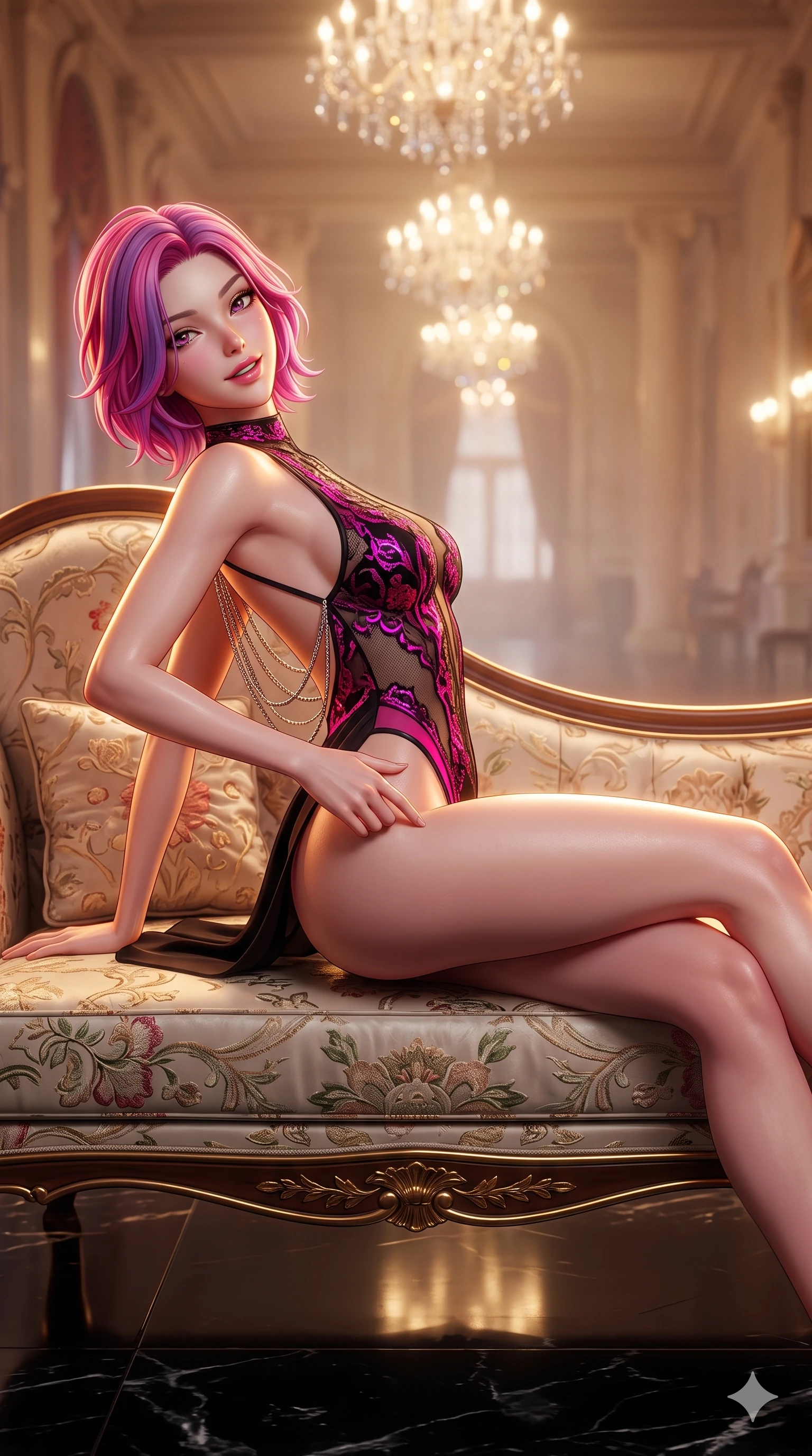 score_9, masterpiece, best quality, ultra-detailed, high-budget anime keyframe, semi-realistic 3D game render, editorial fashion photography, tasteful artistic composition, Caucasian woman. close-up cowboy shot from the waist and thighs up, the character dominates the composition, filling the frame with her large presence. arching her spine backward with effortless dancer poise, one hand sliding along her hip line as directional light carves specular highlights along her silhouette while lounging in an embroidered silk divan propped on one elbow with legs crossed, flashing an intoxicating smile with parted glossy lips as crystal chandeliers sparkle. The background shows a soft-focus grand ballroom champagne haze softened in historic Bund loggia shallow focus. She has an exceptionally elegant, slender, and willowy female figure with an ultra-slim waist, flat toned midriff, narrow ribcage, and sculpted feminine hips creating an alluring, slim hourglass silhouette without bulk. sharp v-shaped jawline, high-bridge nose, intricate jewel-like sparkling eyes with depth, thick eyelashes, glossy parted lips with a natural sheen, intensely captivating and seductive bedroom-eyes expression, exuding both youthful cute charm and sovereign luxury allure, flawlessly proportioned anatomical accuracy, strict slender model proportions, natural body alignment, perfectly sculpted long slender limbs, ultra-slim waistline, clean dynamic posture without body distortion. wearing a provocative sheer-illusion nanotech lace bodysuit with strategic metallic foil flocking and high-cut leg openings in black lacquer and vibrant magenta neon, tailored from heavy double-faced silk georgette with an exceptionally fluid drape, accented with an open-back drape framed by falling strands of delicate chrome chains, the high-slit wrap tailoring accentuating her ultra-slim waistline and the enchanting curve of her feminine hips with alluring seductive charm. illuminated by black marble floor reflections and sharp gold-amber rim lights sculpting her razor-sharp jawline, narrow waist, and curvy hips. highly saturated vibrant anime colors, detailed shading with soft gradients, rich glossy textures, high-contrast stereoscopic depth, volumetric dynamic lighting, master piece, 9:16 ratio