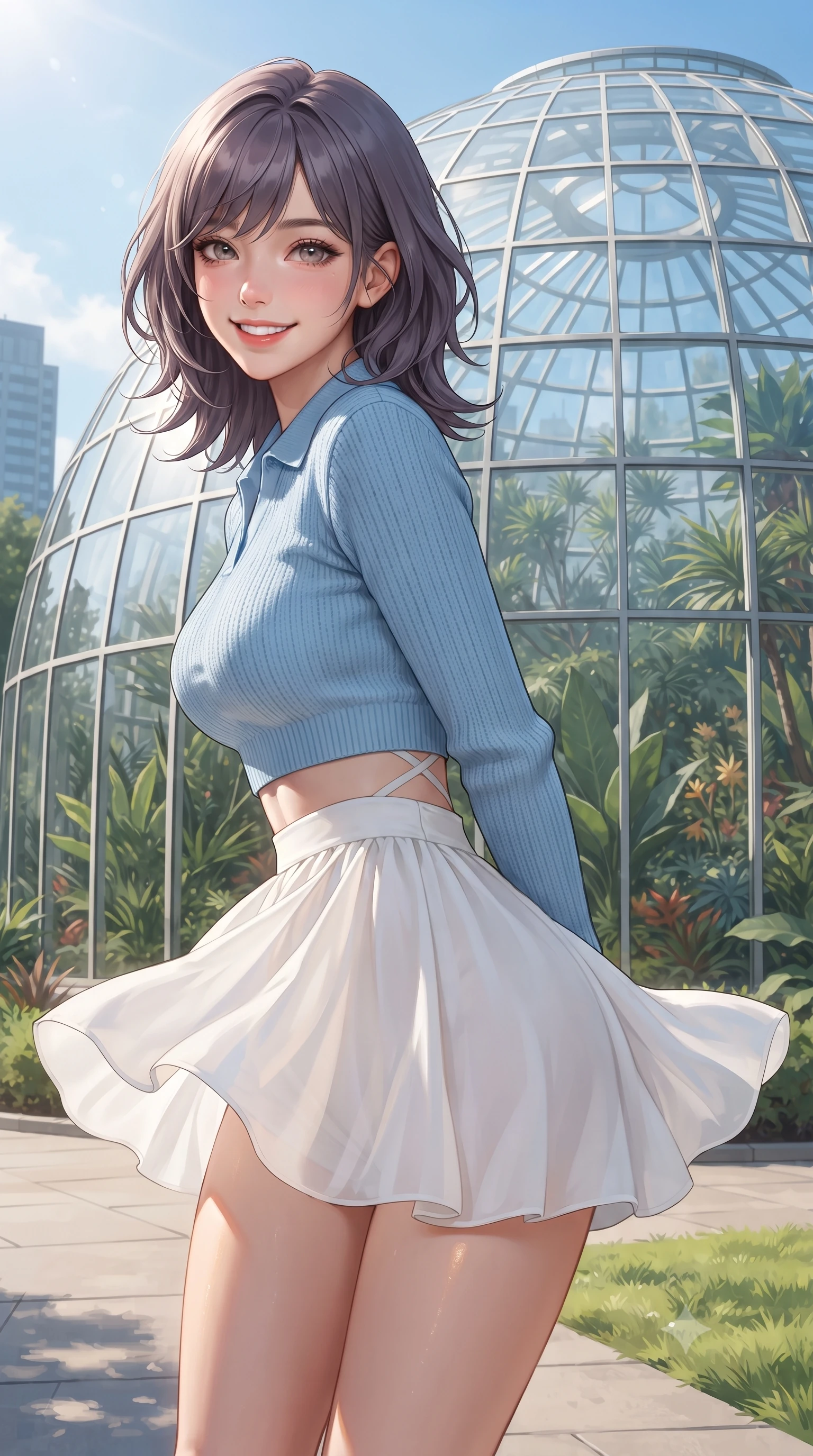 score_9, masterpiece, best quality, ultra-detailed, high-budget anime keyframe, editorial fashion photography, tasteful artistic composition, Japanese woman. close-up cowboy shot from the waist and thighs up, the character dominates the composition, filling the frame with her large presence. leaning forward with playful cute grace while arching her lower back to accentuate her curvy hips, looking into the camera with a bright cheerful smile and alluring coquettish bedroom-eyes while standing poised beside the modernist glass botanical dome, her form-fitting casual chic outfit accentuating her narrow waist and rounded hips. The surrounding environment is rendered in vivid detail and crisp panoramic clarity. detailed knit top texture, warm sun glints on skin, and park landscape clarity in high resolution. She has an exceptionally elegant, slender, and willowy female figure with an ultra-slim waist, flat toned midriff, narrow ribcage, and sculpted feminine hips creating an alluring, slim hourglass silhouette without bulk. sharp v-shaped jawline, high-bridge nose, intricate jewel-like sparkling eyes with depth, thick eyelashes, glossy parted lips with a natural peach sheen, bright cheerful beaming smile with an enchanting and coquettish sensual glint, exuding both youthful cute charm and seductive allure, flawlessly proportioned anatomical accuracy, strict slender model proportions, natural body alignment, perfectly sculpted long slender limbs, ultra-slim waistline, clean dynamic posture without body distortion. wearing a cropped knitted polo sweater paired with high-cut tailored tennis shorts hugging her rounded hips in soft baby blue and crisp cloud white, tailored from fine lightweight chiffon that flutters gently in the breeze, finished with criss-cross back satin straps highlighting her graceful shoulder blades, the precision-cut side openings and low-back scoop framing her graceful spine and the sensual sweep of her slim, toned hips. illuminated by soft grass bounce light contouring her sculpted collarbones, ultra-slim waist, and curvy hips. ultra-reflective glossy finish, specular highlights, rich textural contrasts, high-contrast stereoscopic depth, volumetric dynamic lighting, 2k, ultra detail, master piece, 9:16 ratio