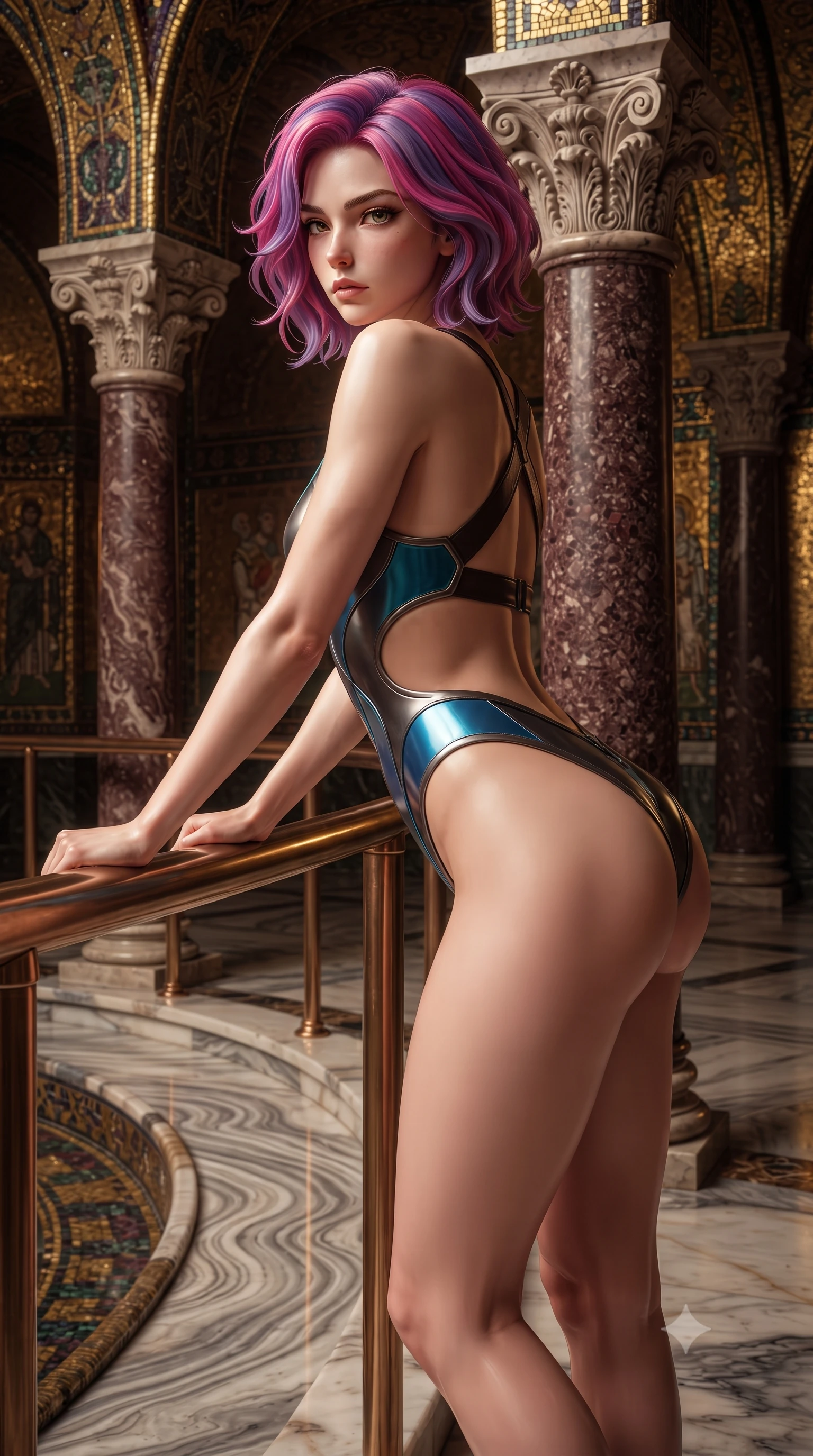 score_9, masterpiece, best quality, ultra-detailed, high-budget anime keyframe, editorial fashion photography, tasteful artistic composition, Caucasian woman. close-up cowboy shot from the waist and thighs up, the character dominates the composition, filling the frame with her large presence. leaning forward against the polished railing with her hips cocked back, creating an intoxicating curve from her narrow waist to sculpted hips as she gazes back into the lens while leaning back against a carved porphyry marble column with hips cocked, casting a solemn, aristocratic bedroom-gaze into the shadowy gilded narthex. The surrounding environment is rendered in vivid detail and crisp panoramic clarity. sharp Byzantine mosaic glass tesserae textures, polished marble floor undulating ripples, and carved column capitals in deep focus. She has an exceptionally elegant, slender, and willowy female figure with an ultra-slim waist, flat toned midriff, narrow ribcage, and sculpted feminine hips creating an alluring, slim hourglass silhouette without bulk. sharp v-shaped jawline, high-bridge nose, intricate jewel-like eyes with depth, thick eyelashes, glossy parted lips with a natural sheen, intensely captivating and seductive bedroom-eyes expression, flawlessly proportioned anatomical accuracy, strict slender model proportions, natural body alignment, perfectly sculpted long slender limbs, ultra-slim waistline, clean dynamic posture without body distortion. wearing a botanical cutout monokini with organic leaf-curve side openings and high-cut hip bands in metallic gunmetal and electric azure, tailored from second-skin aerodynamic stretch vinyl with specular wet sheen, featuring an open-back criss-cross harness strap in dark leather, the second-skin form-contouring cut accentuating her sculpted flat midriff, narrow delicate ribcage, and gracefully curvy hips with supermodel precision. bathed in warm, mystical candlelight reflecting off thousands of golden glass mosaic tiles. ultra-reflective glossy finish, specular highlights, rich textural contrasts, high-contrast stereoscopic depth, volumetric dynamic lighting, 2k, ultra detail, master piece, 9:16 ratio
